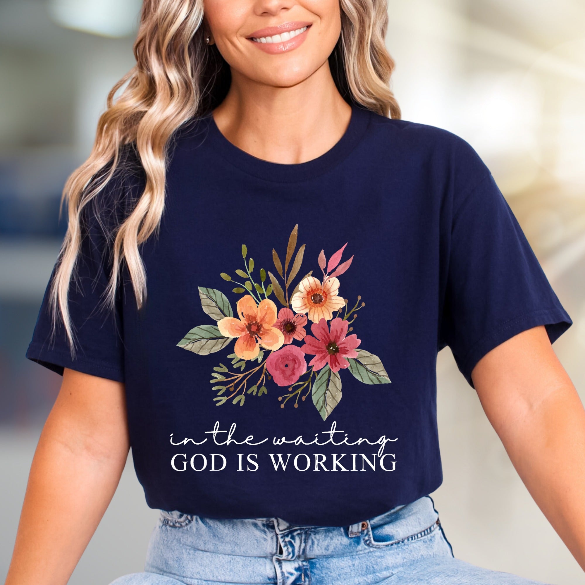 "In The Waiting God Is Working" Floral Graphic Tee, A Faith-Inspired Pick for Believers