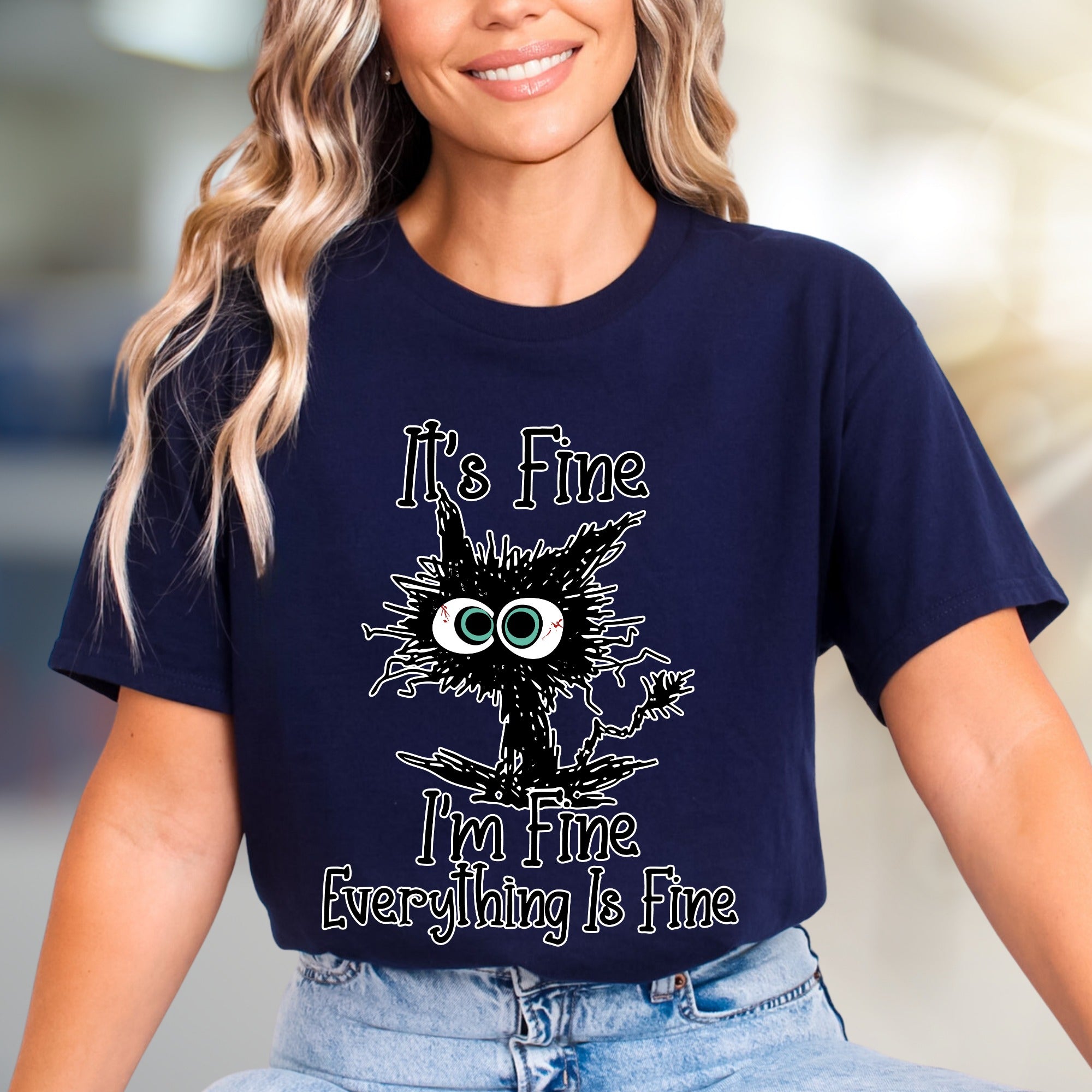 "It's Fine I'm Fine Everything Is Fine" Funny Cat Graphic Tee, a Witty Pick for Humor Lovers