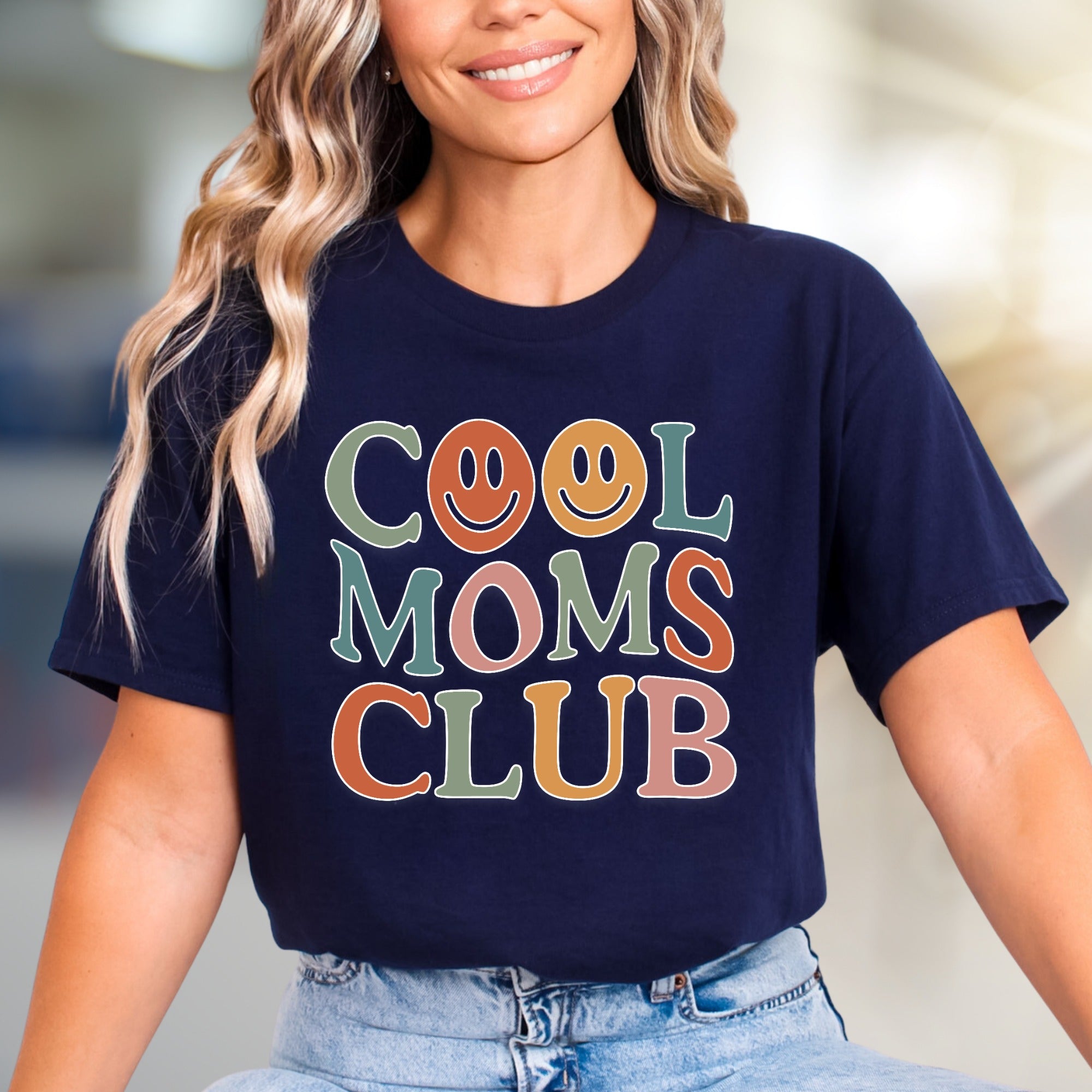 "COOL MOMS CLUB" Retro Smiley Face Graphic Tee, a Trendy Mom Pick for Her
