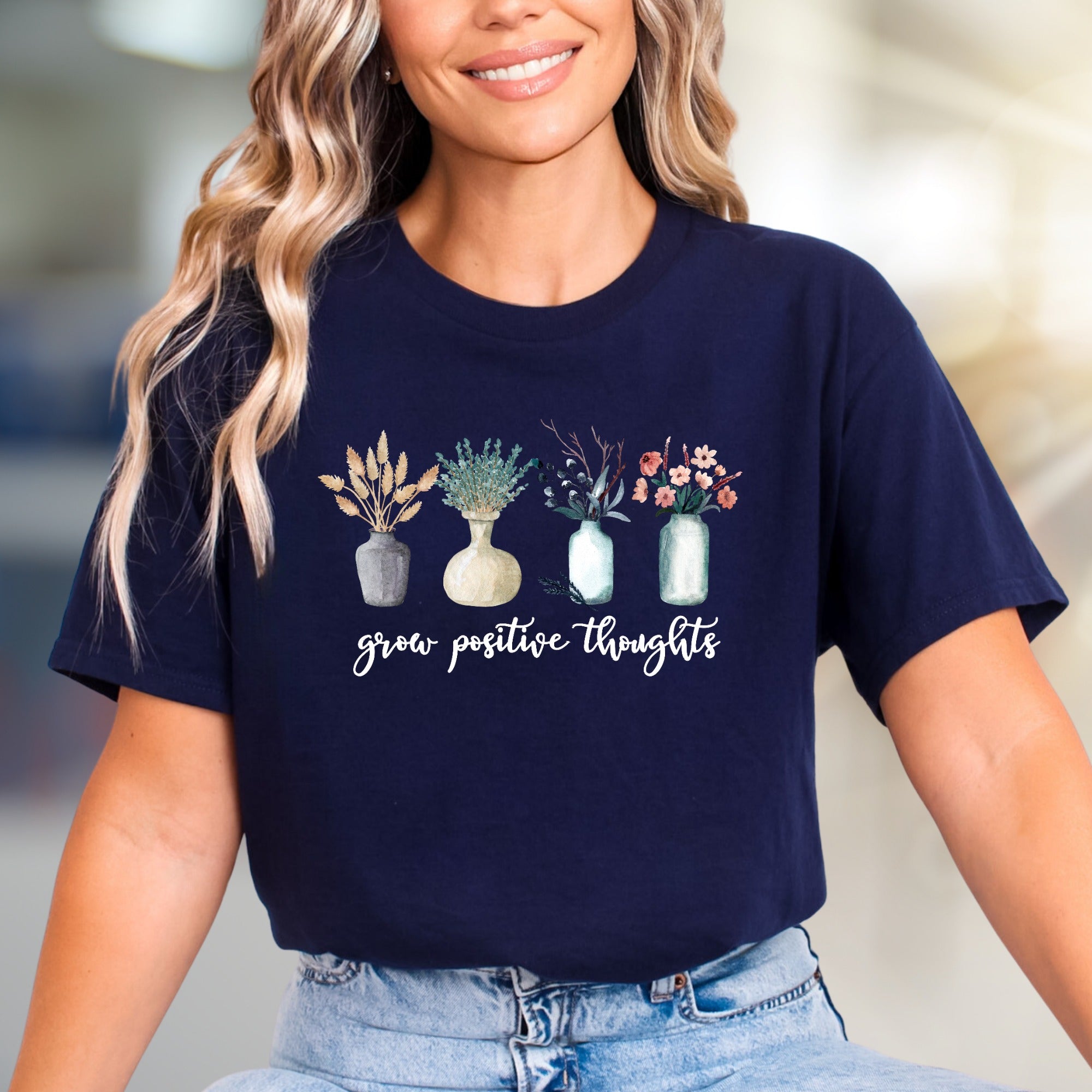 "Grow Positive Thoughts" Floral Graphic Tee, A Botanical Pick for Mindfulness