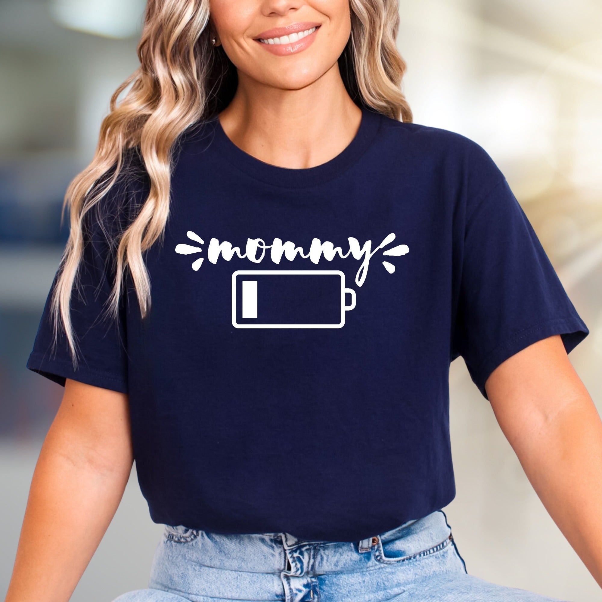 "Mommy Low Battery" Humorous Mom Life Graphic Tee, a Relatable Pick for Tired Parents