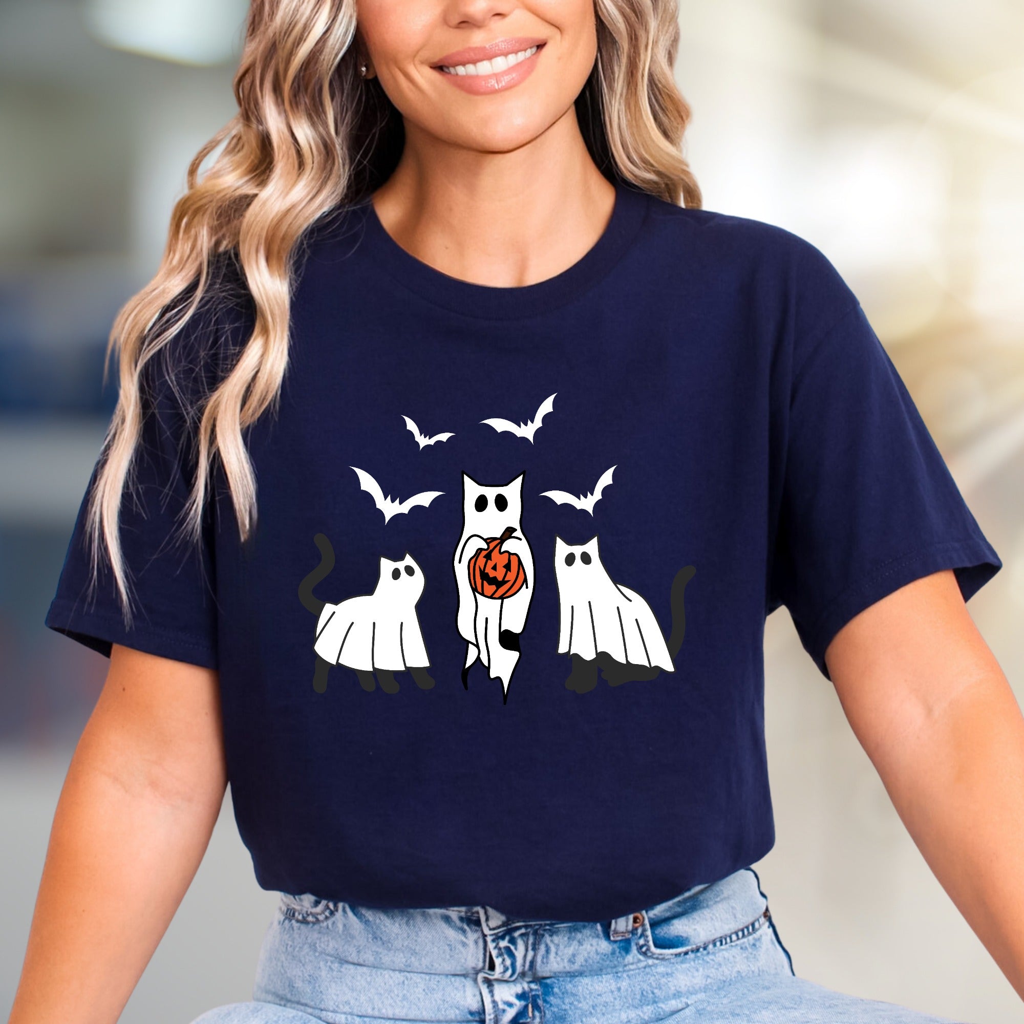 Trick-or-Treat Ghost Cats Halloween Graphic Tee, a Spooky-Cute Pick for Festive Souls