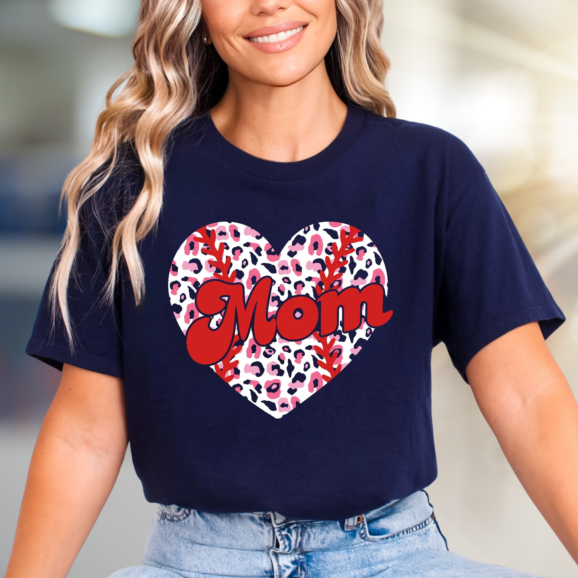 Mom Leopard Print Heart Baseball Graphic Tee, a Trendy Statement for Her
