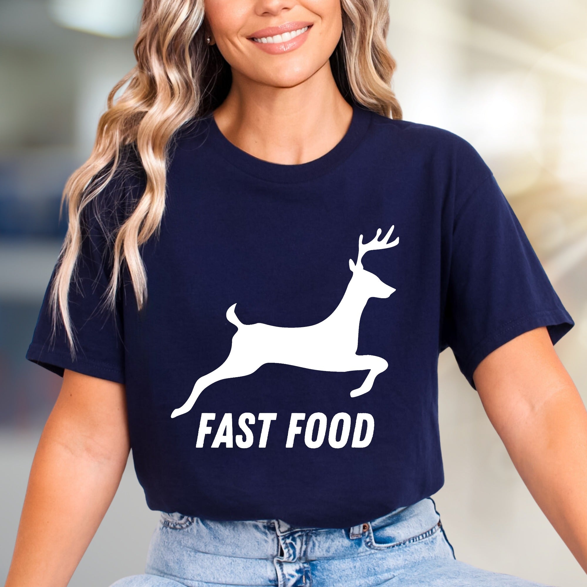 "Fast Food" Hunter Deer Graphic Tee, a Humorous Outdoorsy Pick for Enthusiasts