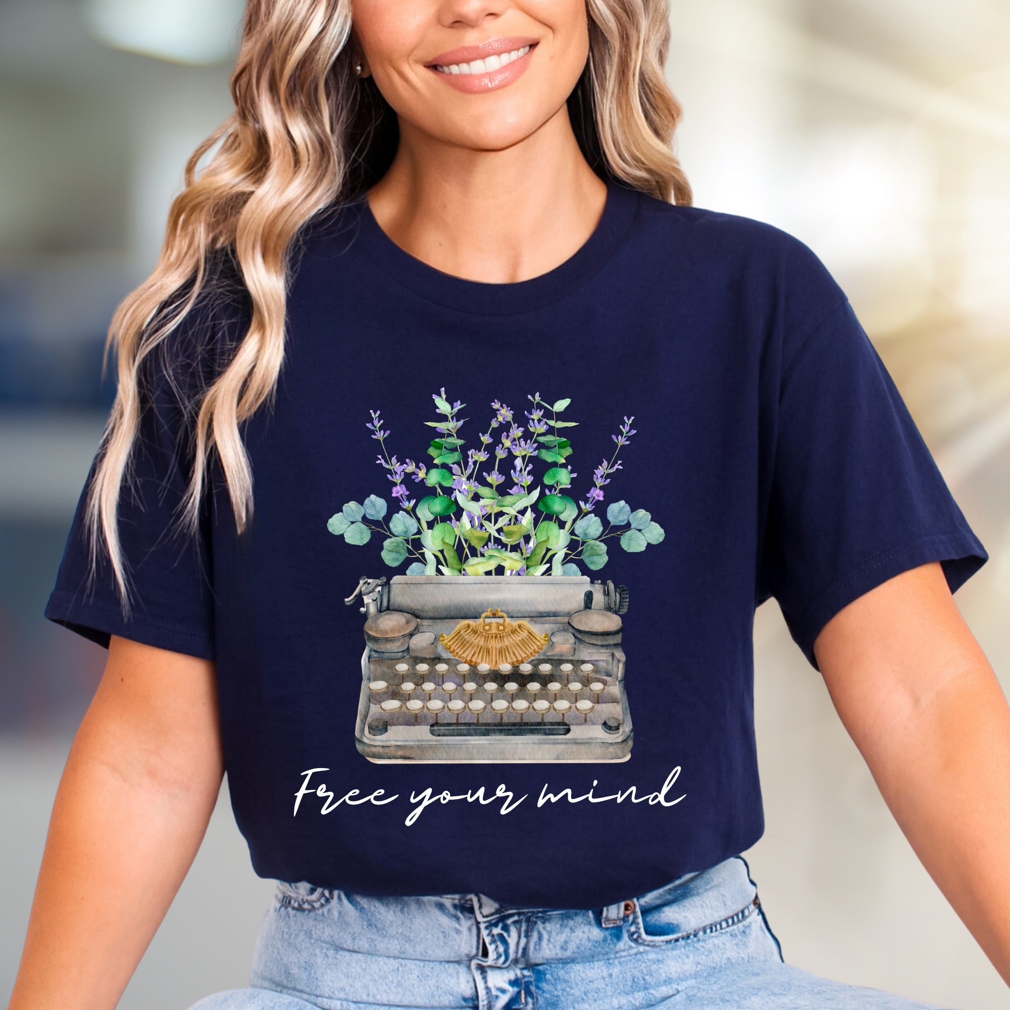 "Free Your Mind" Typewriter Floral Graphic Tee, a Creative Expression Unisex Tee