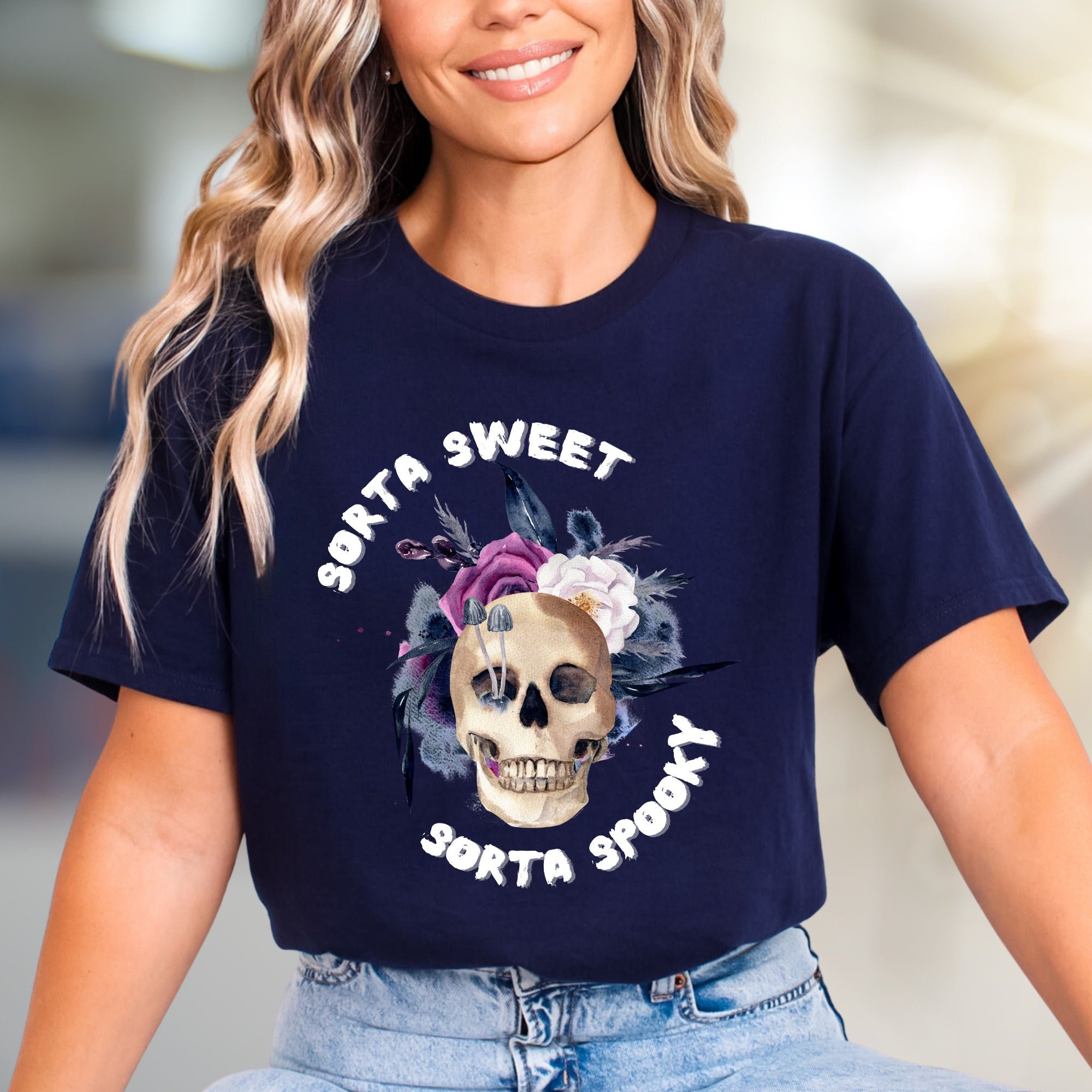 "Sorta Sweet Sorta Spooky" Skull Graphic Tee, a Gothic Chic Pick for Halloween Lovers