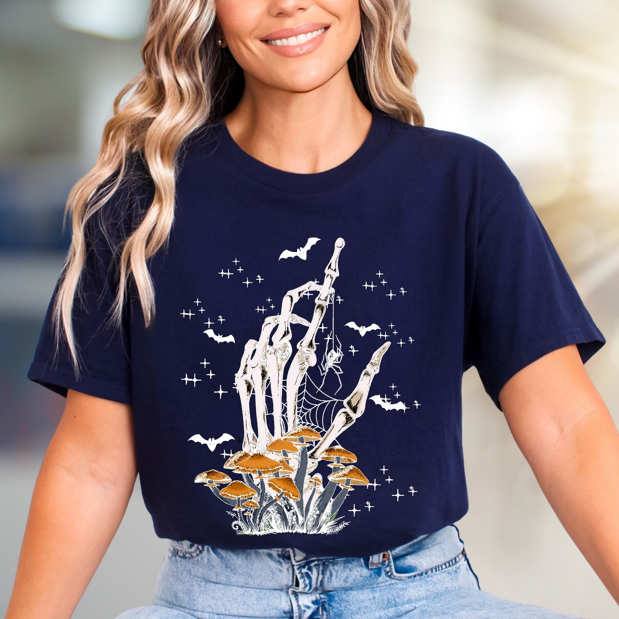 Skeleton Hand Mushroom Graphic Tee, a Spooky-Cute Pick for Halloween Lovers