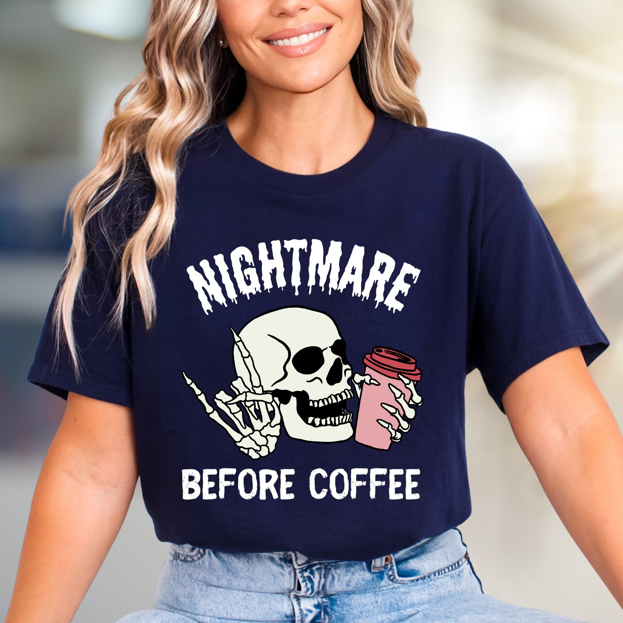 "NIGHTMARE BEFORE COFFEE" Humorous Skeleton Graphic Tee, a Witty Statement for Coffee Lovers