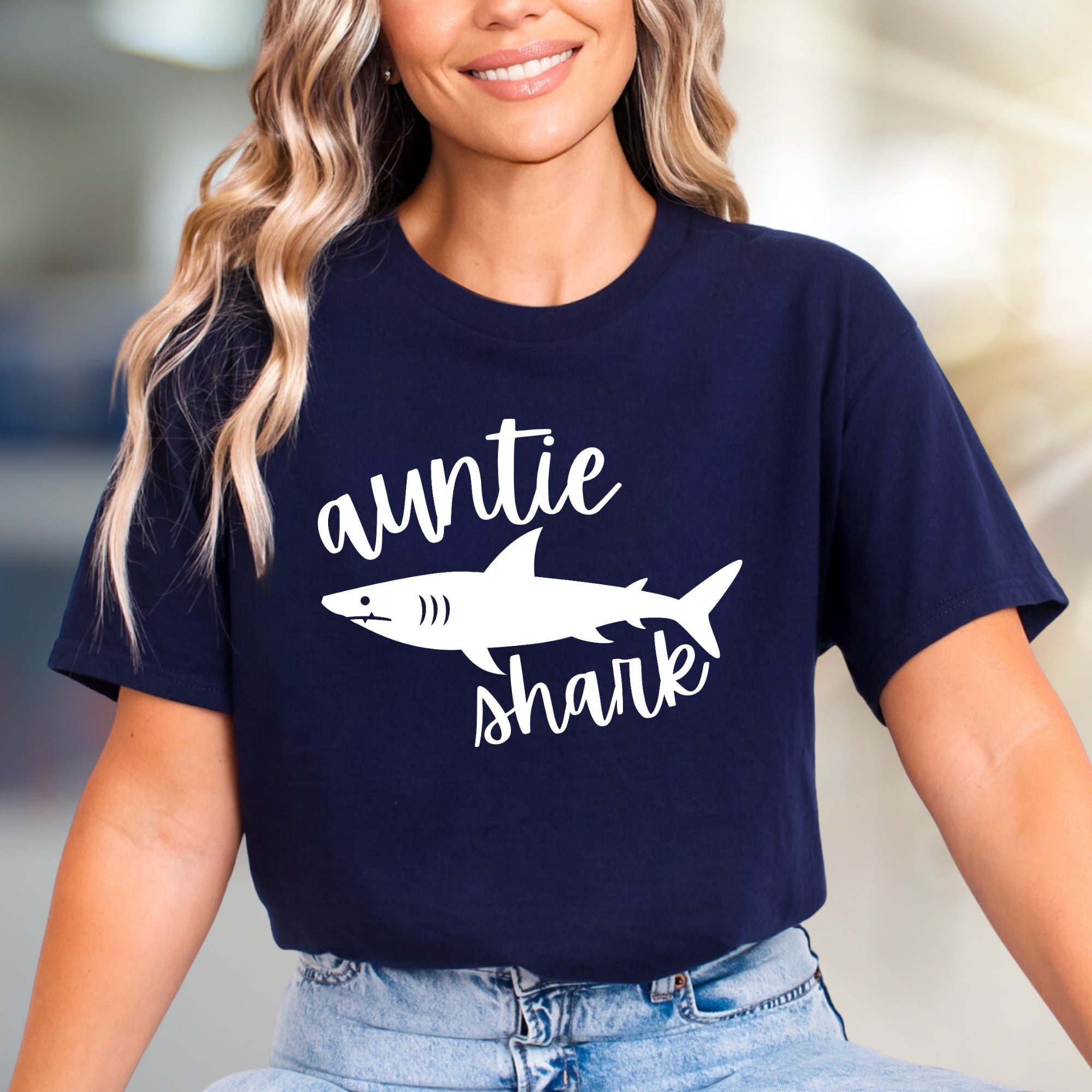 "Auntie Shark" Ocean Fun Graphic Tee, a Family Love Pick for Cool Aunts