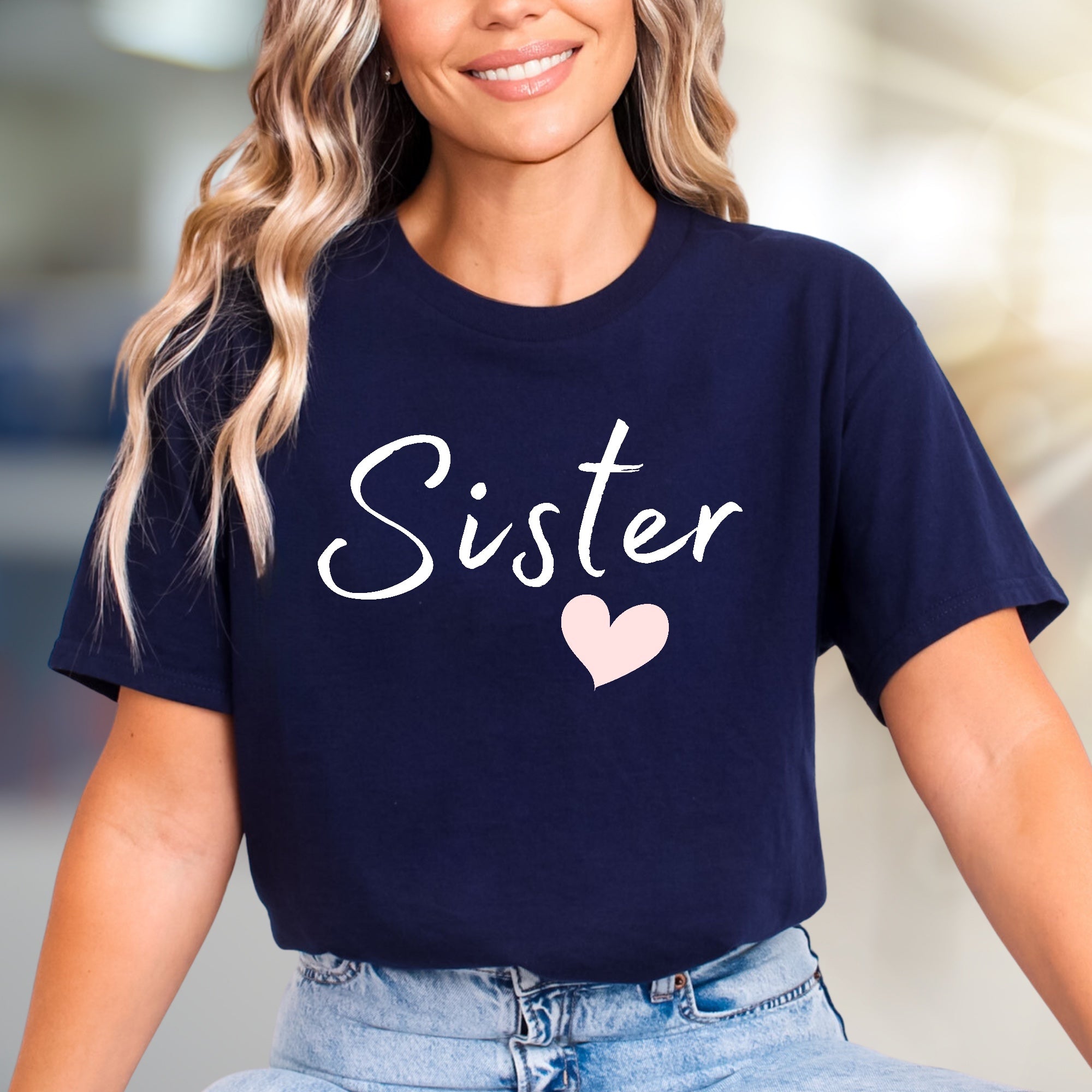 "Sister" Heart Script Graphic Tee, a Loving Pick for Family Bonds