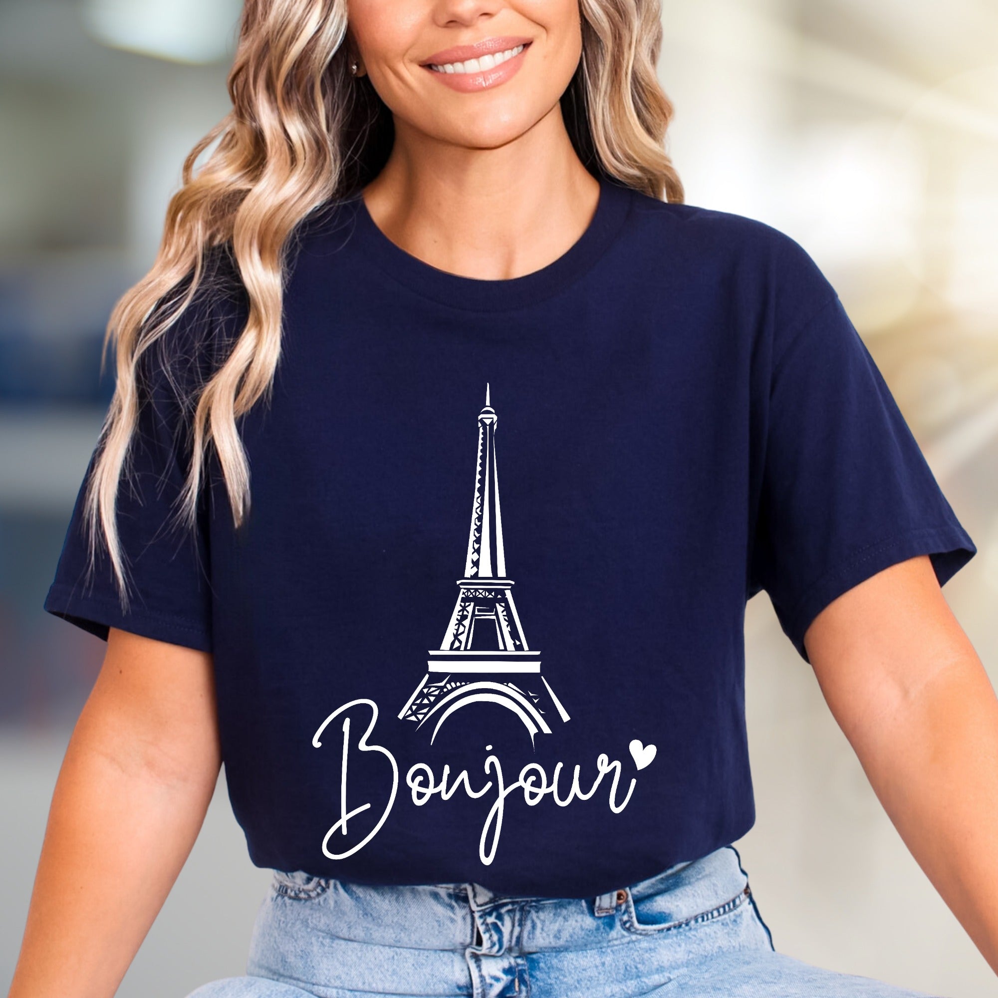 "Bonjour" Eiffel Tower Graphic Tee, a Parisian Chic Pick for Travelers