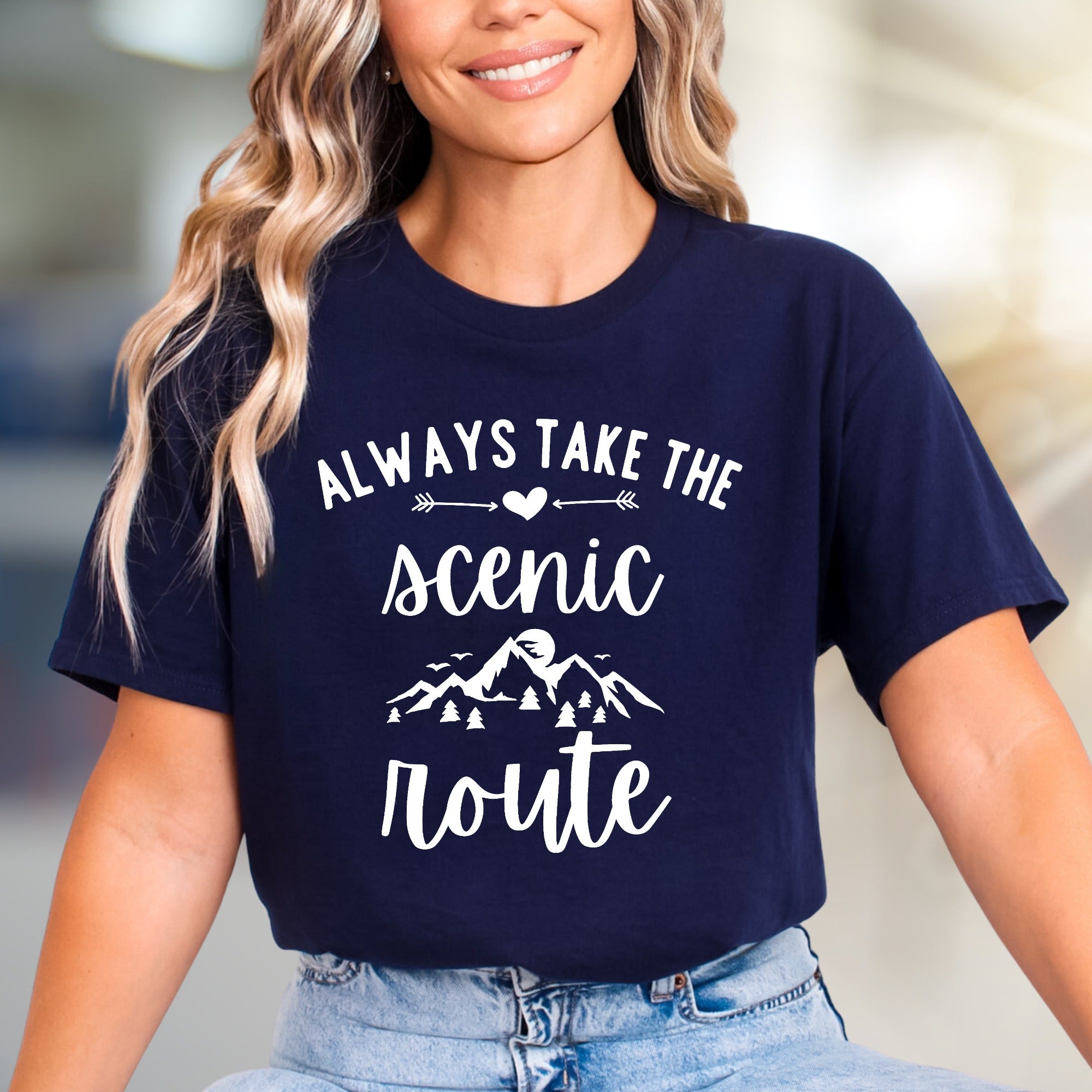 "Always Take the Scenic Route" Mountain Graphic Tee, a Nature Lover's Pick for Adventurers