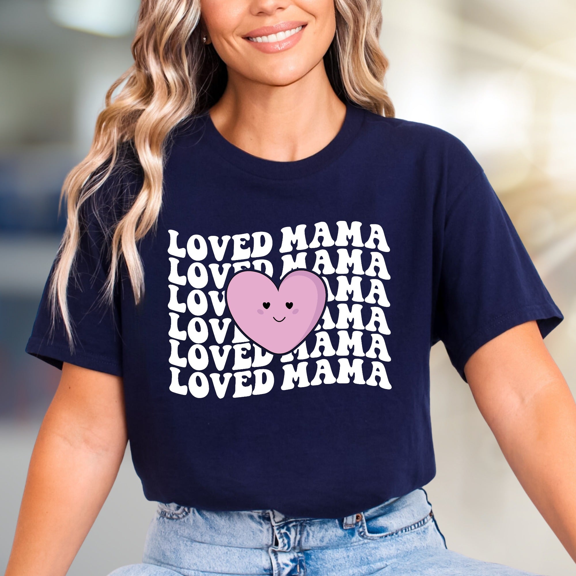 "Loved Mama" Retro Heart Graphic Tee, a Sweet Motherhood Pick for Her