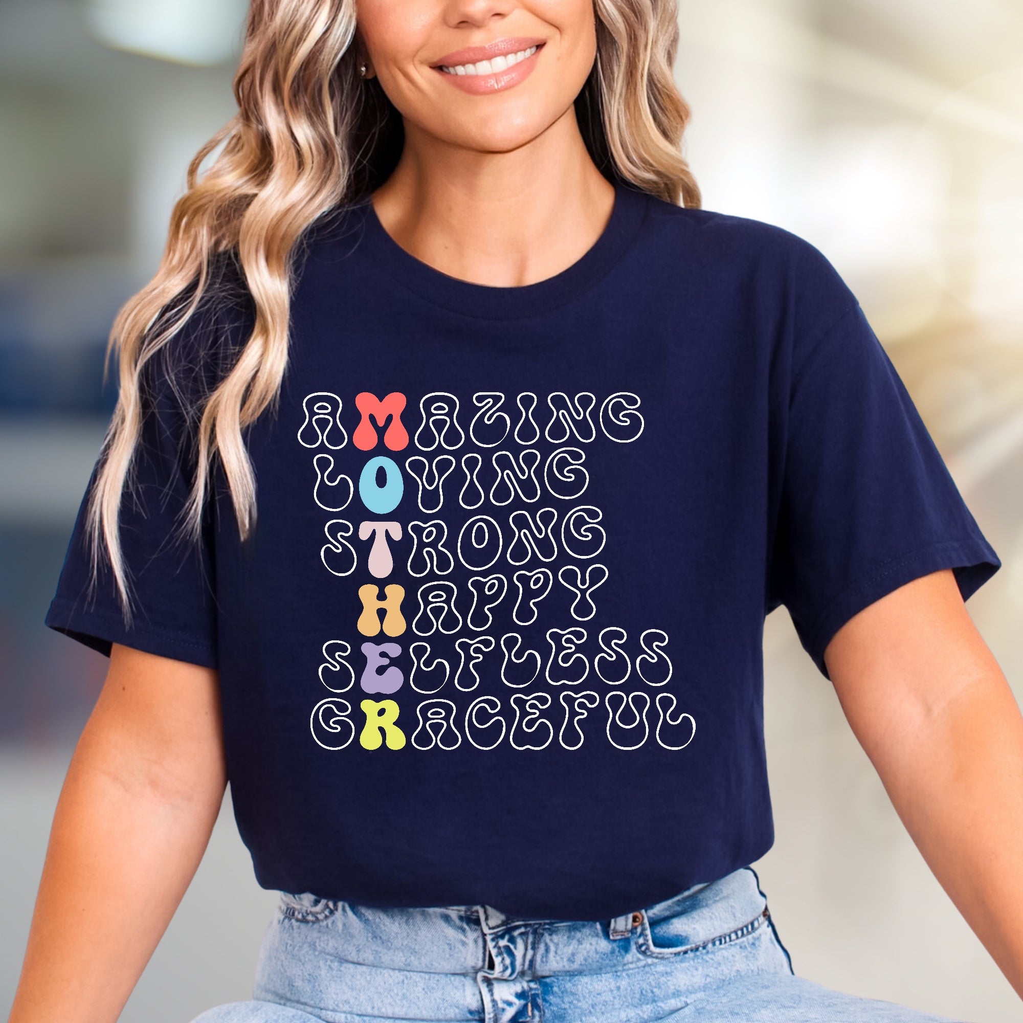 "Amazing Loving Strong Happy Selfless Graceful" Motherhood Graphic Tee, a Heartfelt Pick for Moms