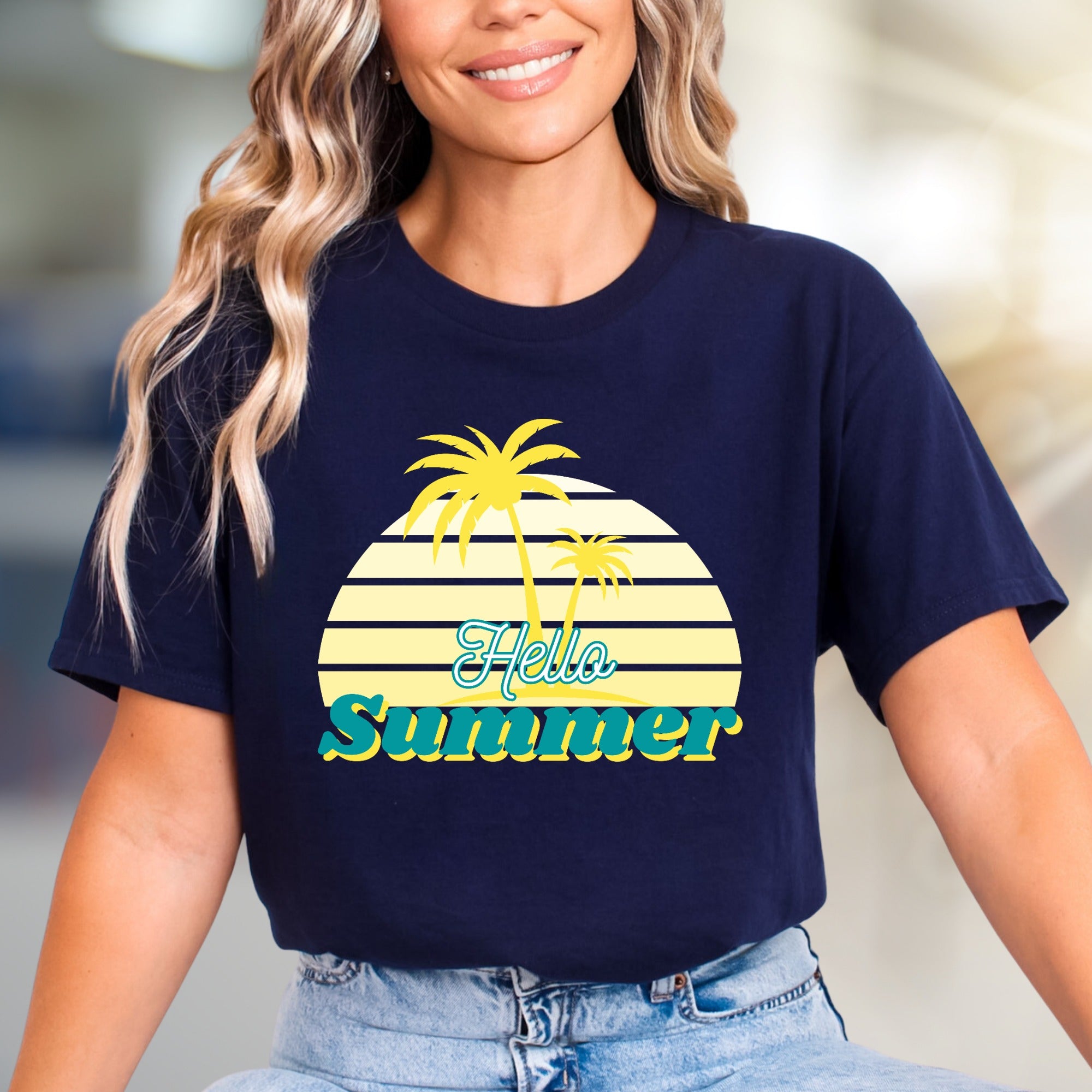 "Hello Summer" Tropical Sunset Graphic Tee, a Vacation Vibes Pick for Beach Lovers