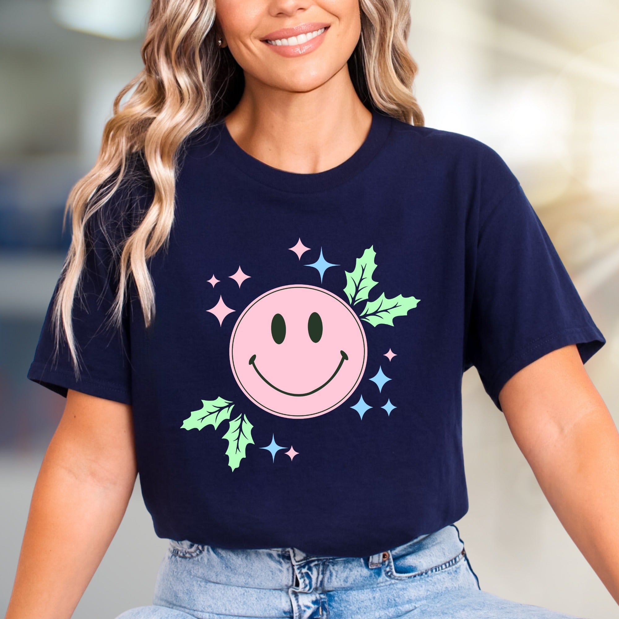 Happy Holly Jolly Smile Face Graphic Tee, a Festive Comfort Pick for Joyful Spirits