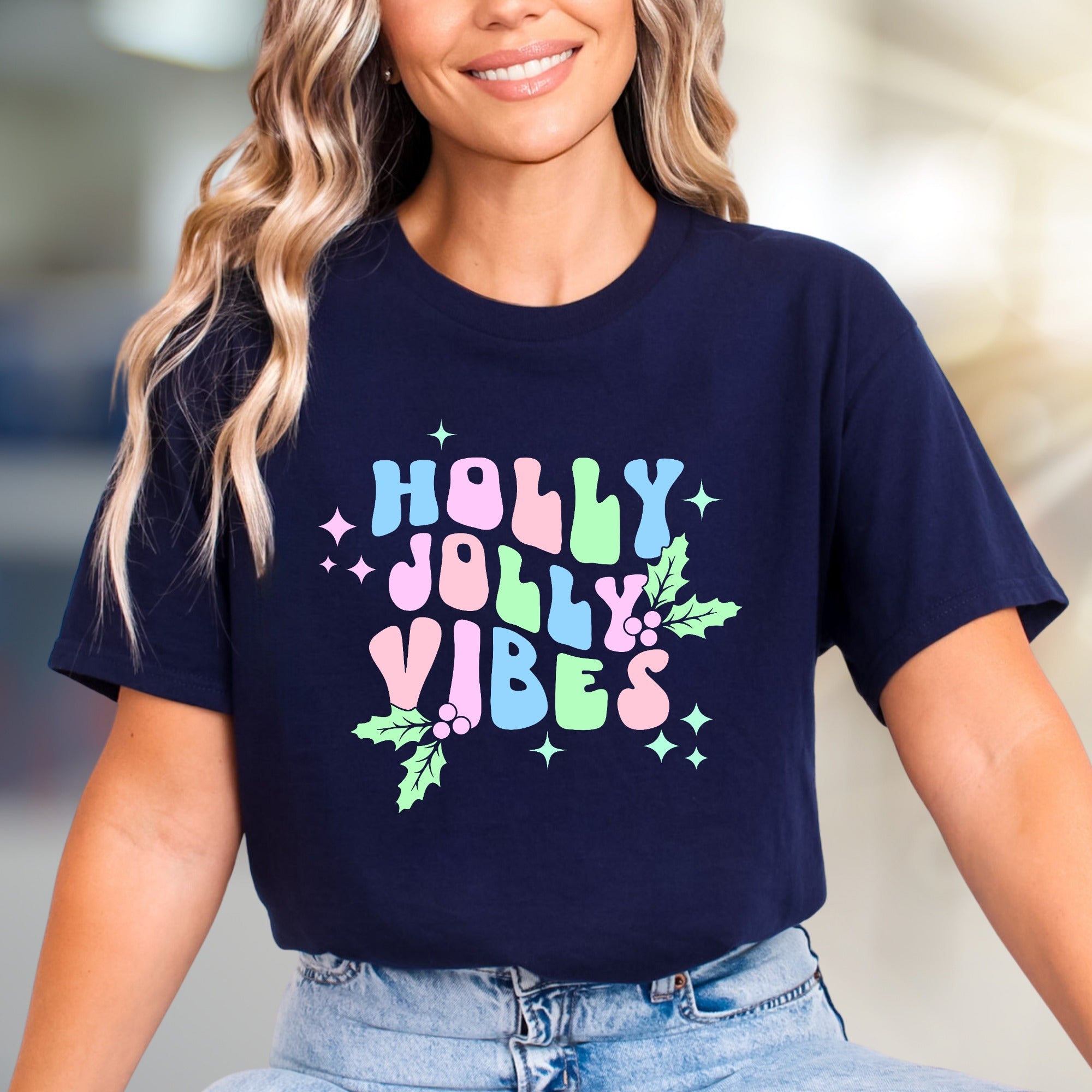 "Holly Jolly Vibes" Holiday Graphic Tee, a Festive Pick for Celebration