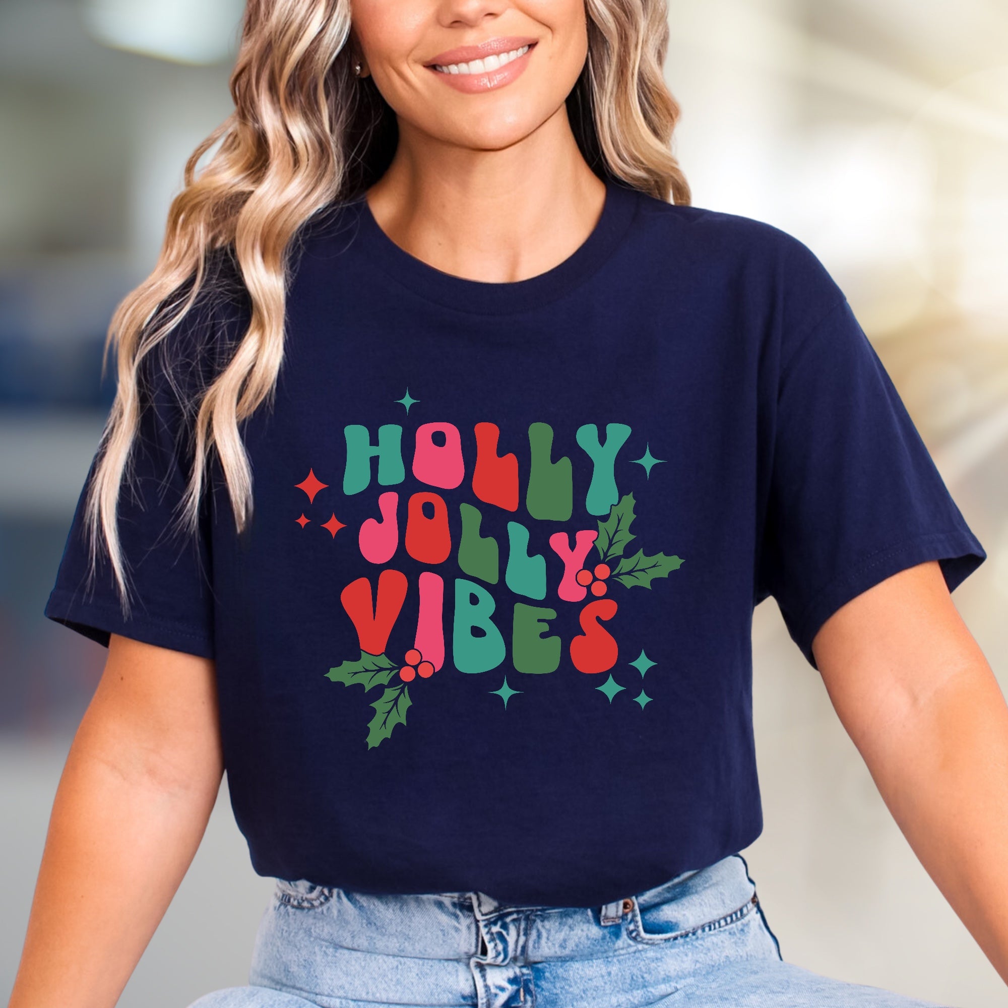 "Holly Jolly Vibes" Retro Holiday Graphic Tee, a Festive Pick for Christmas Lovers