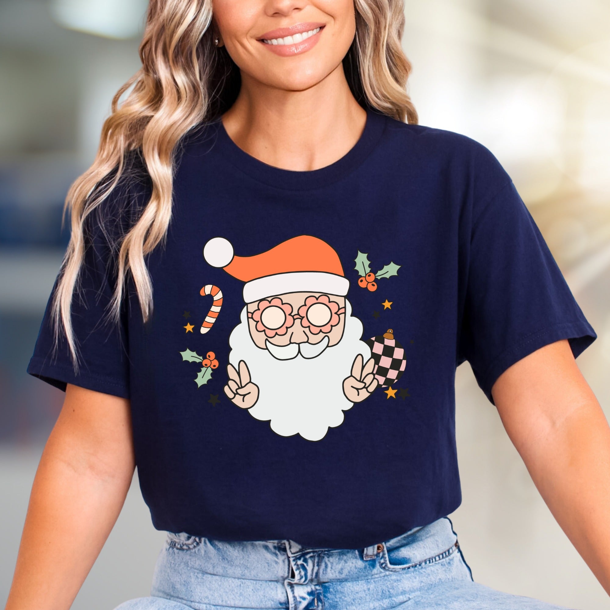 Funky Santa Peace Sign Holly Jolly Christmas Graphic Tee, a Retro Holiday Pick for Everyone