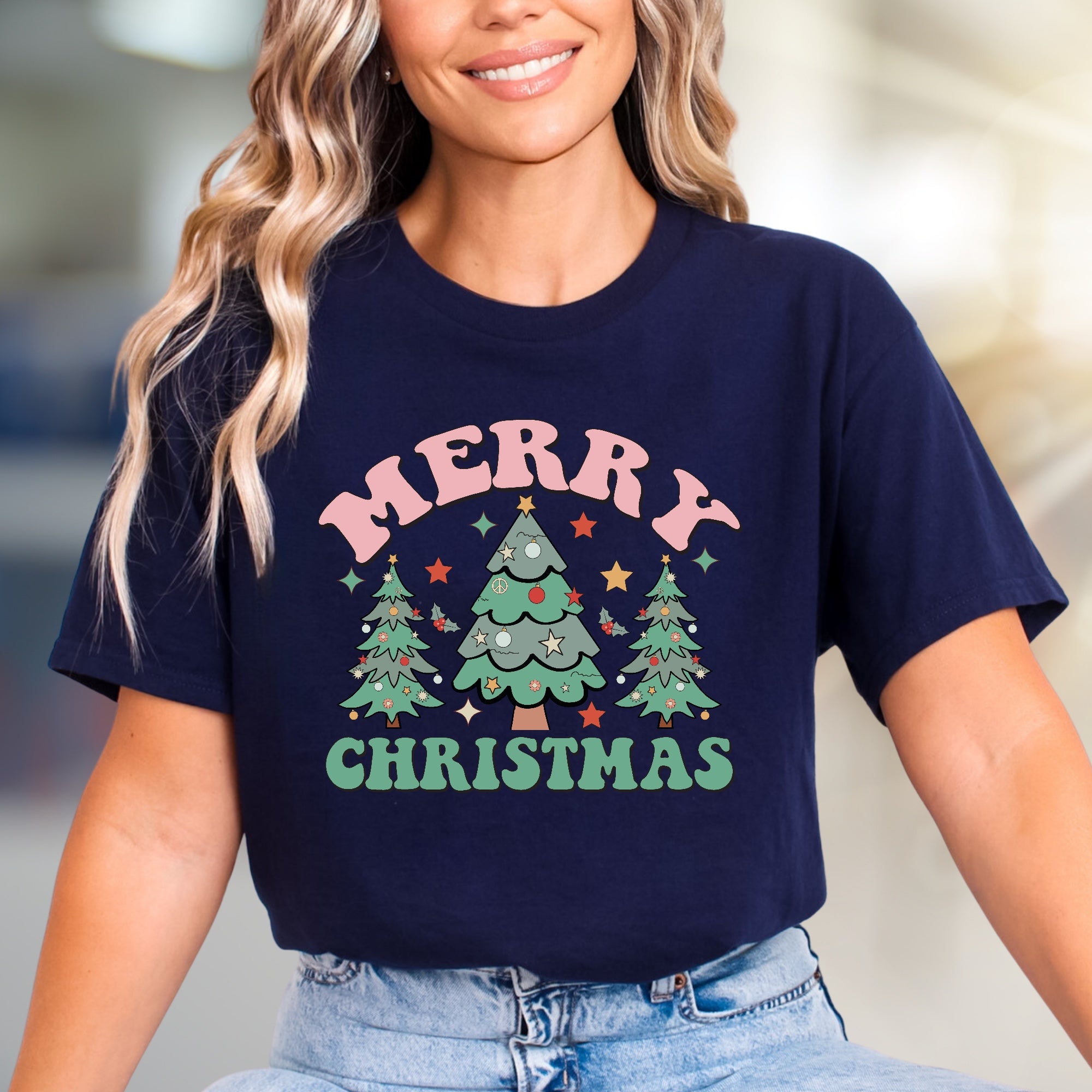 "Merry Christmas" Retro Christmas Trees Graphic Tee, a Festive Holiday Pick for Everyone