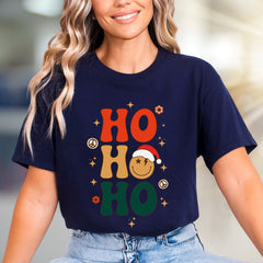 "HO HO HO" Retro Smiley Graphic Tee, a Festive Holiday Pick for Merrymakers