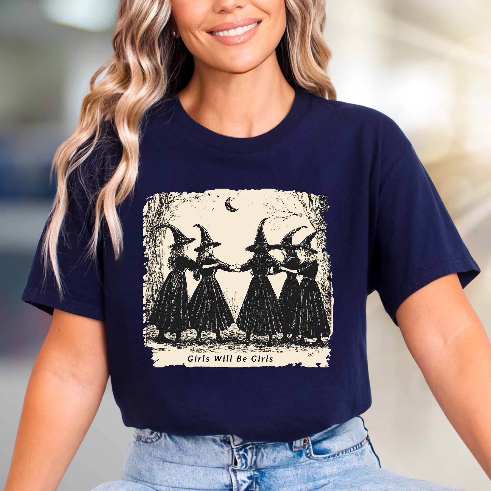 "Girls Will Be Girls" Witchy Sisterhood Graphic Tee, A Mystical Folk Art Pick for Free Spirits