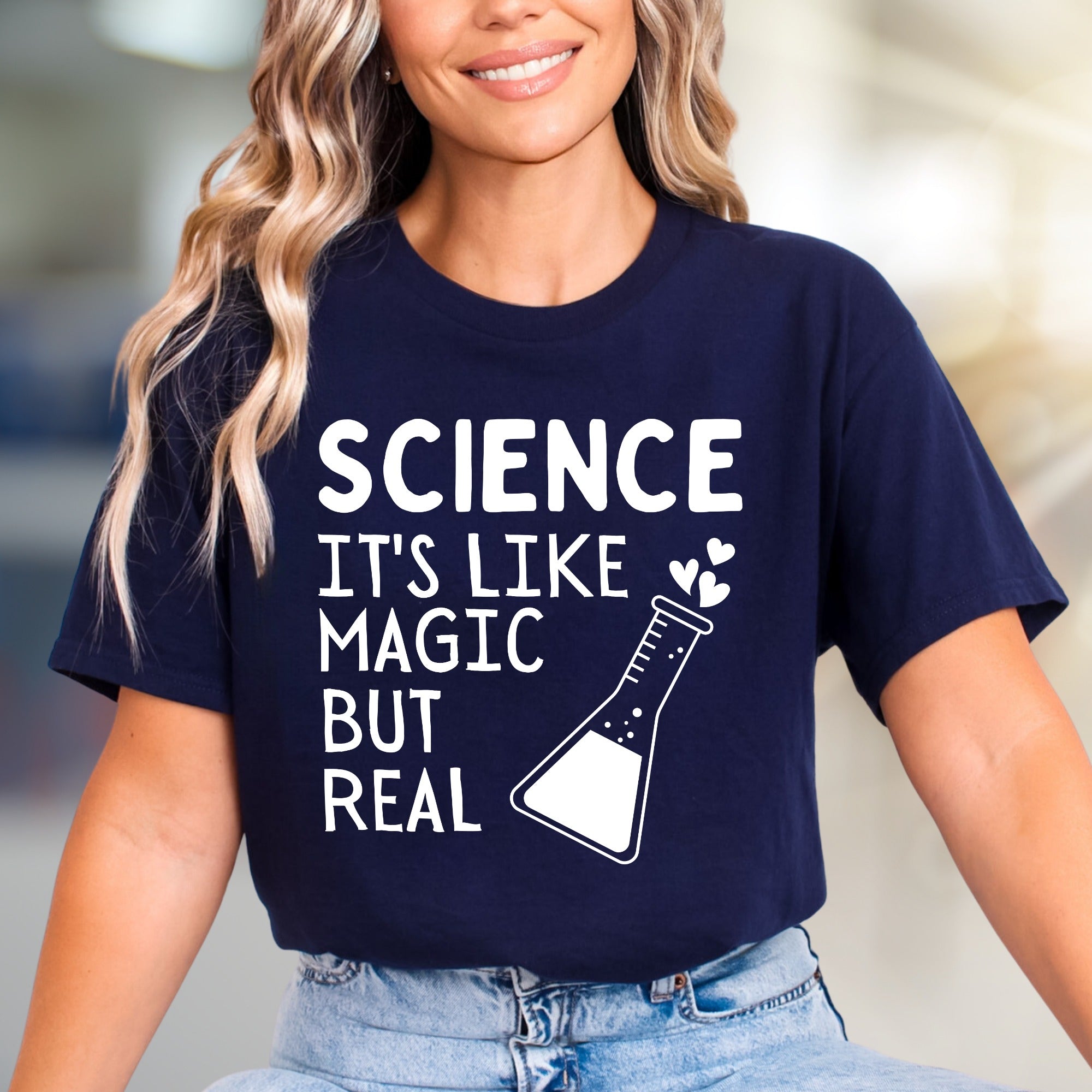 "Science It's Like Magic But Real" Lab Beaker Graphic Tee, a Quirky STEM Pick for Enthusiasts