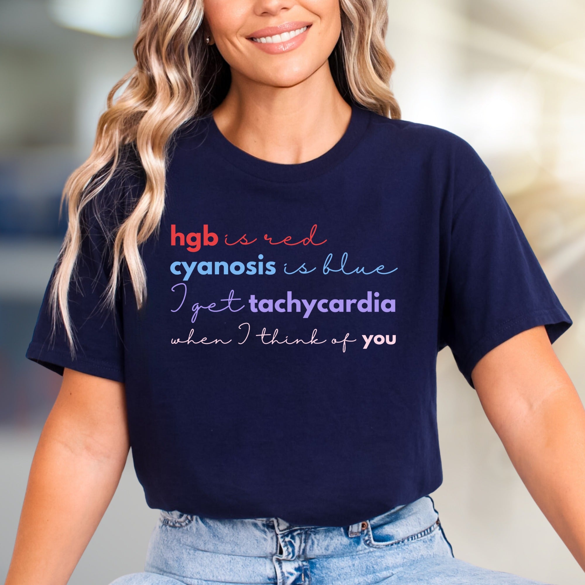 "hgb is red cyanosis is blue" Medical Love Graphic Tee, a Quirky Pick for Healthcare Pros