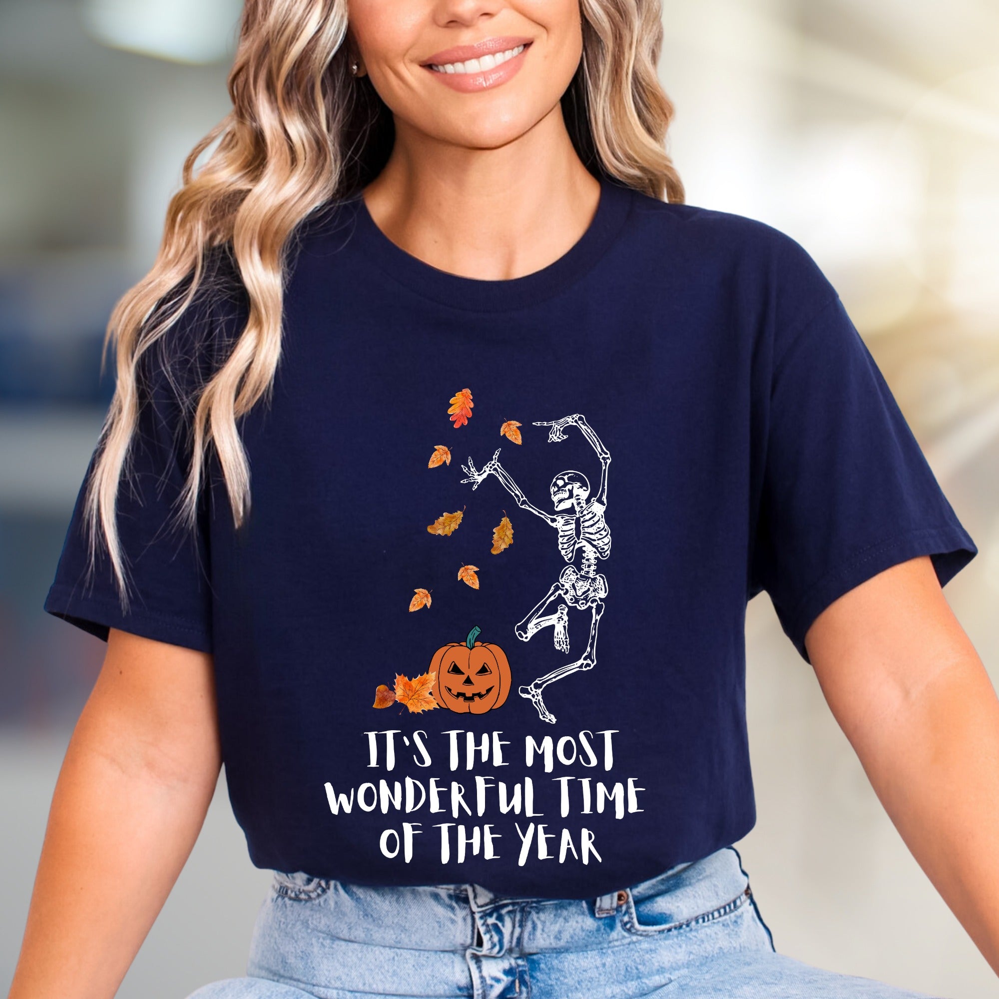 It's the Most Wonderful Time of the Year Halloween Skeleton Graphic Tee, a Spooky Season Pick for Fall Enthusiasts