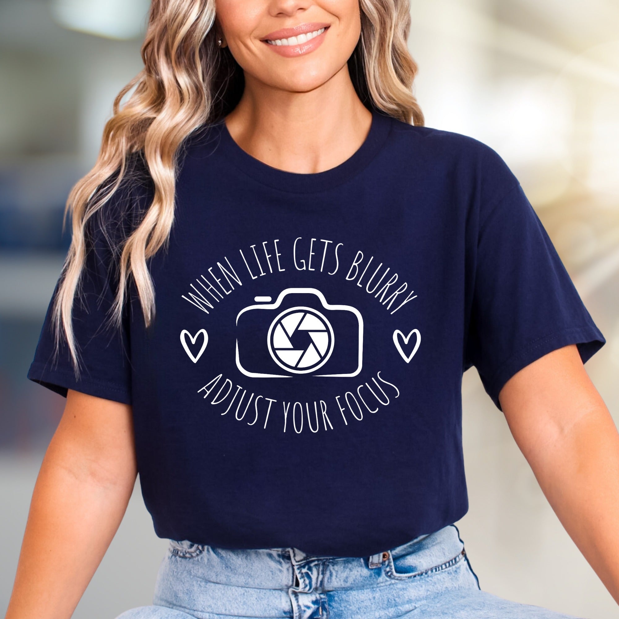 "When Life Gets Blurry Adjust Your Focus" Camera Graphic Tee, a Motivational Pick for Creatives
