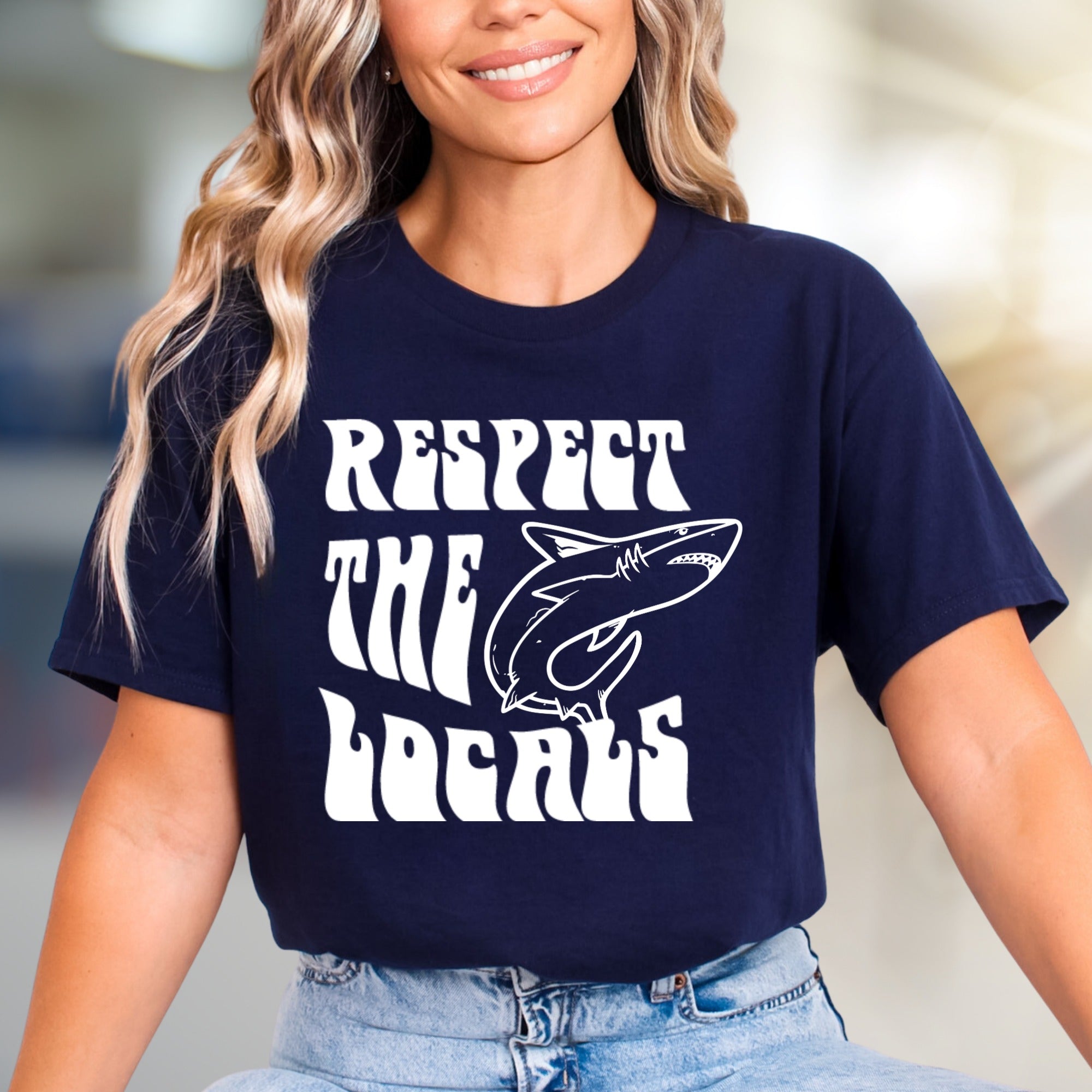 "Respect The Locals" Shark Graphic Tee, A Coastal-Cool Pick for Ocean Lovers