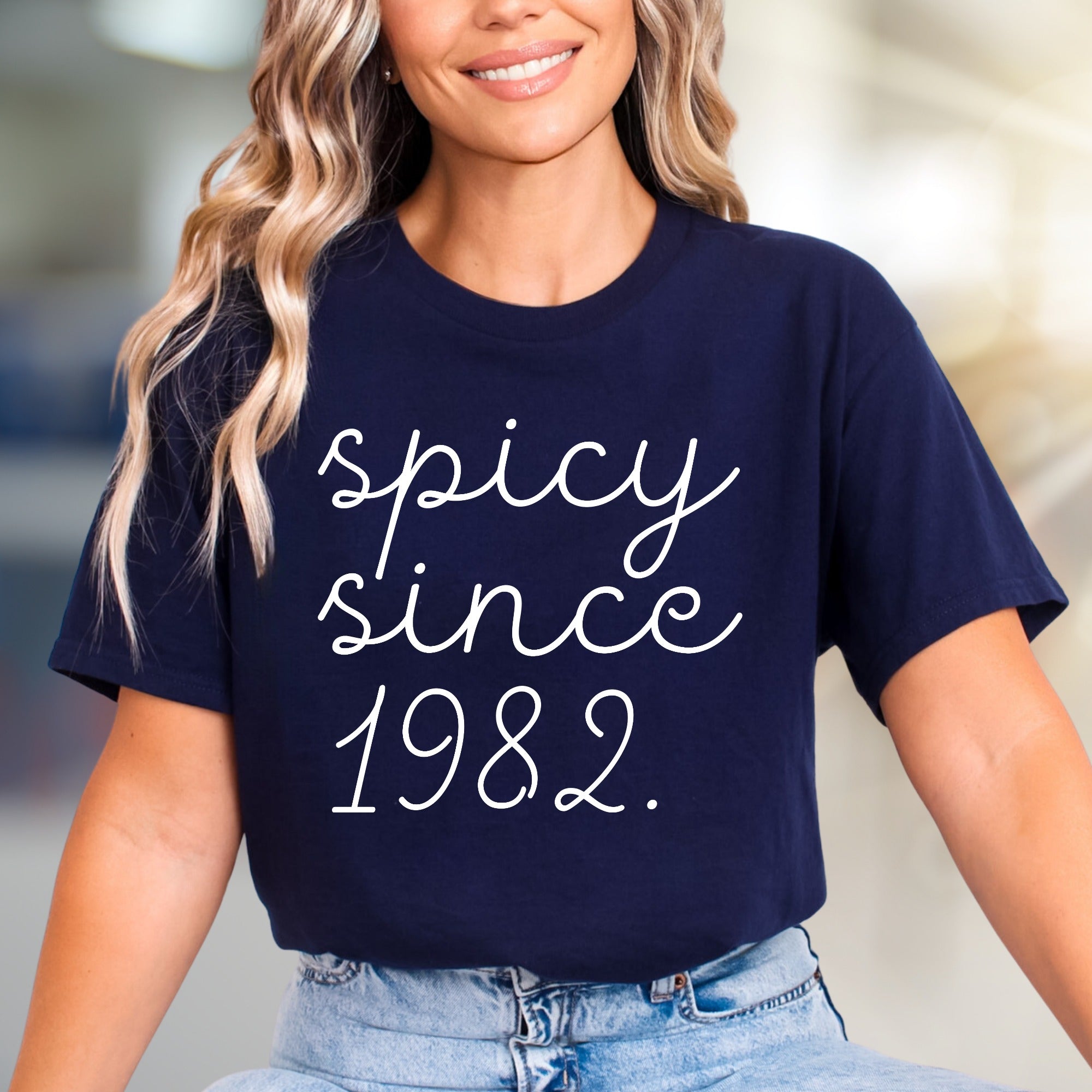 "Spicy Since 1982" Retro Birthday Graphic Tee, a Bold Statement for Her