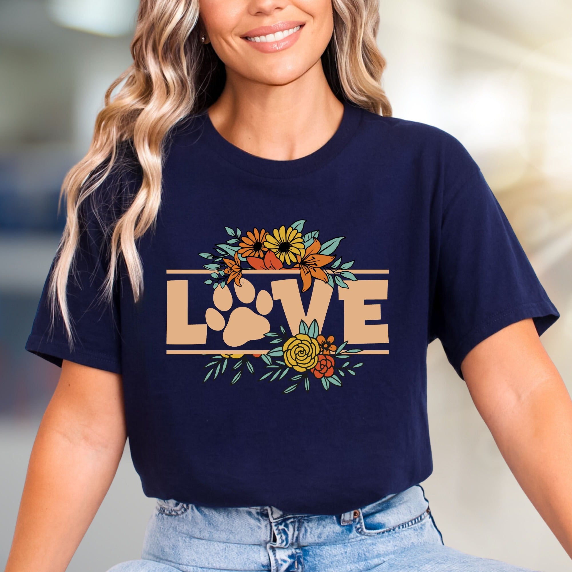 "LOVE" Floral Paw Print Graphic Tee, a Bohemian Pet Lover's Pick for Everyday Style