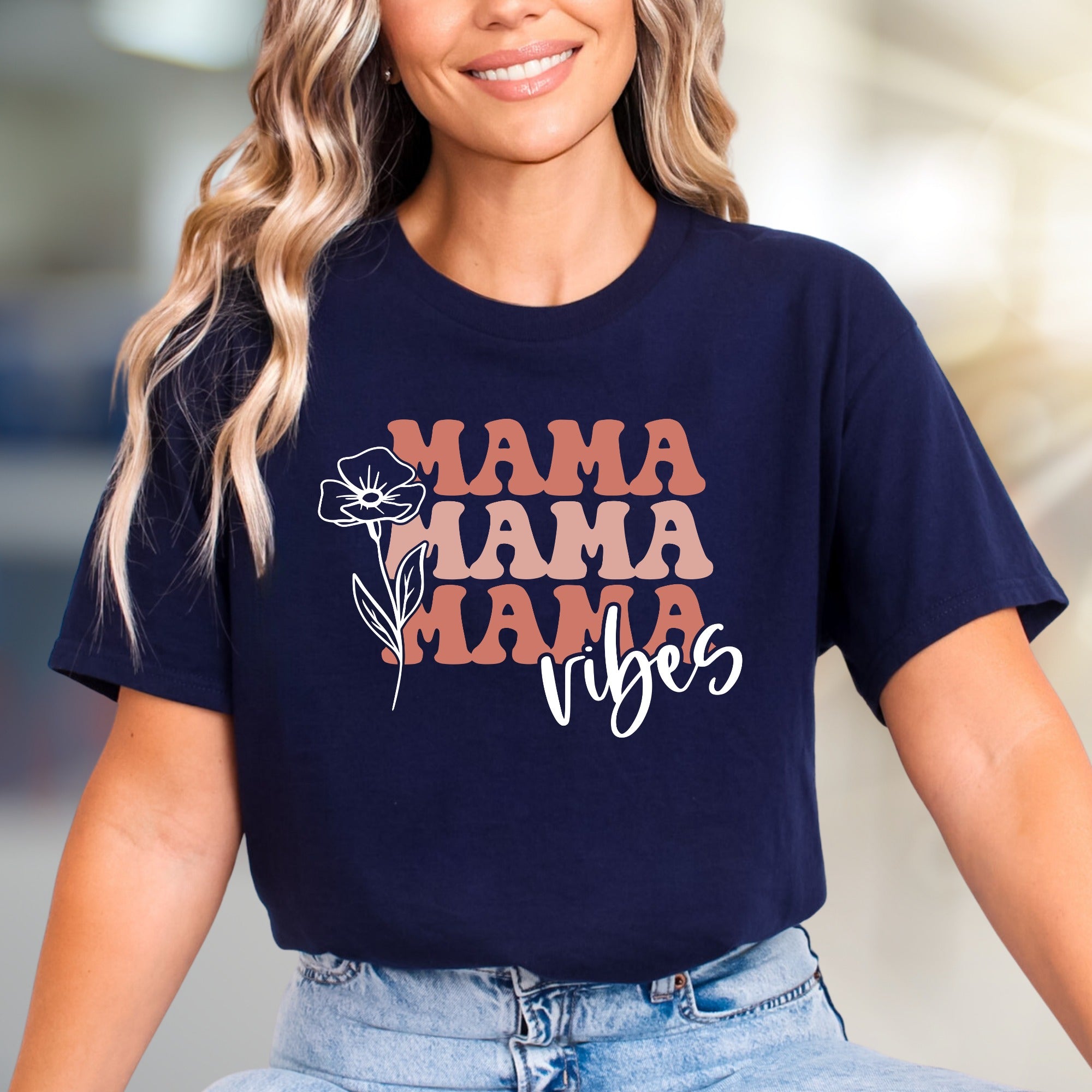 "Mama Mama Mama Vibes" Floral Graphic Tee, a Boho Chic Pick for Trendy Moms
