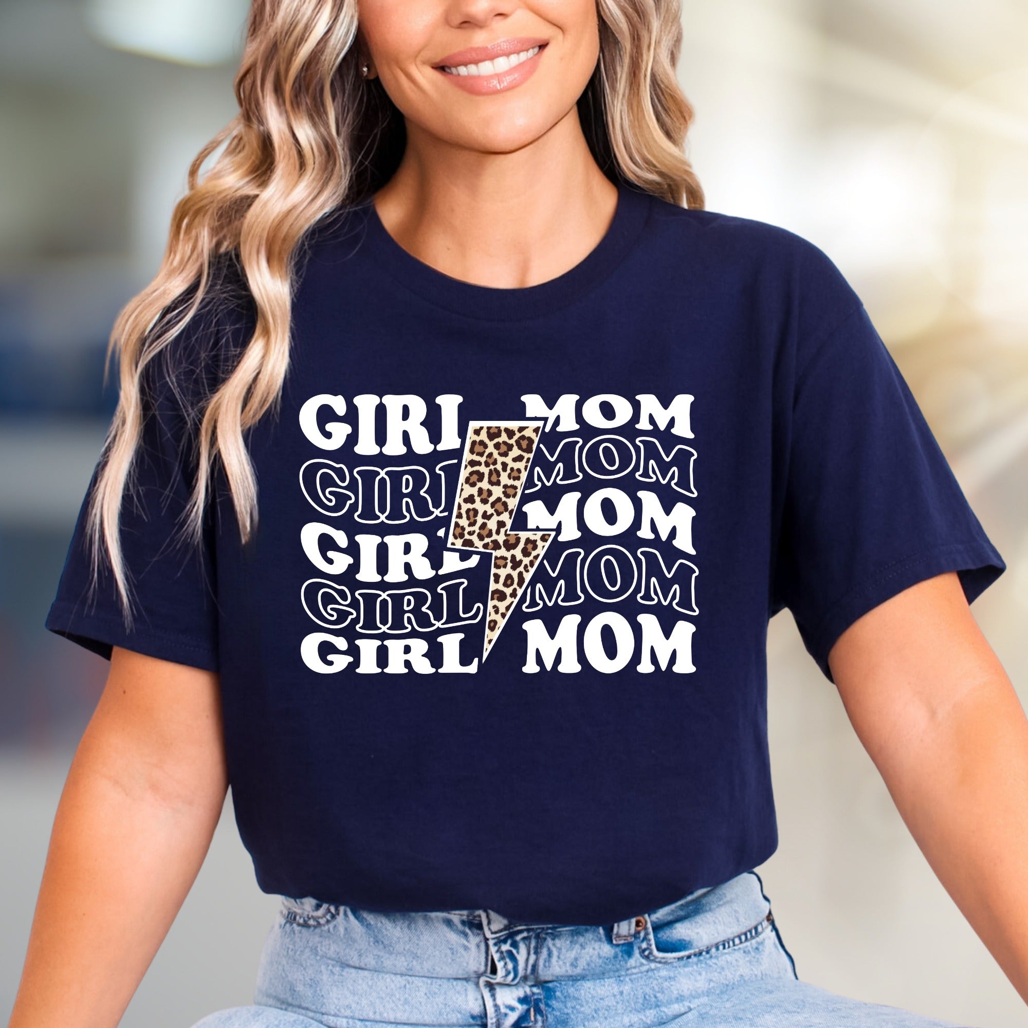"GIRL MOM" Leopard Lightning Bolt Graphic Tee, a Strong Mama Pick for Everyday Wear