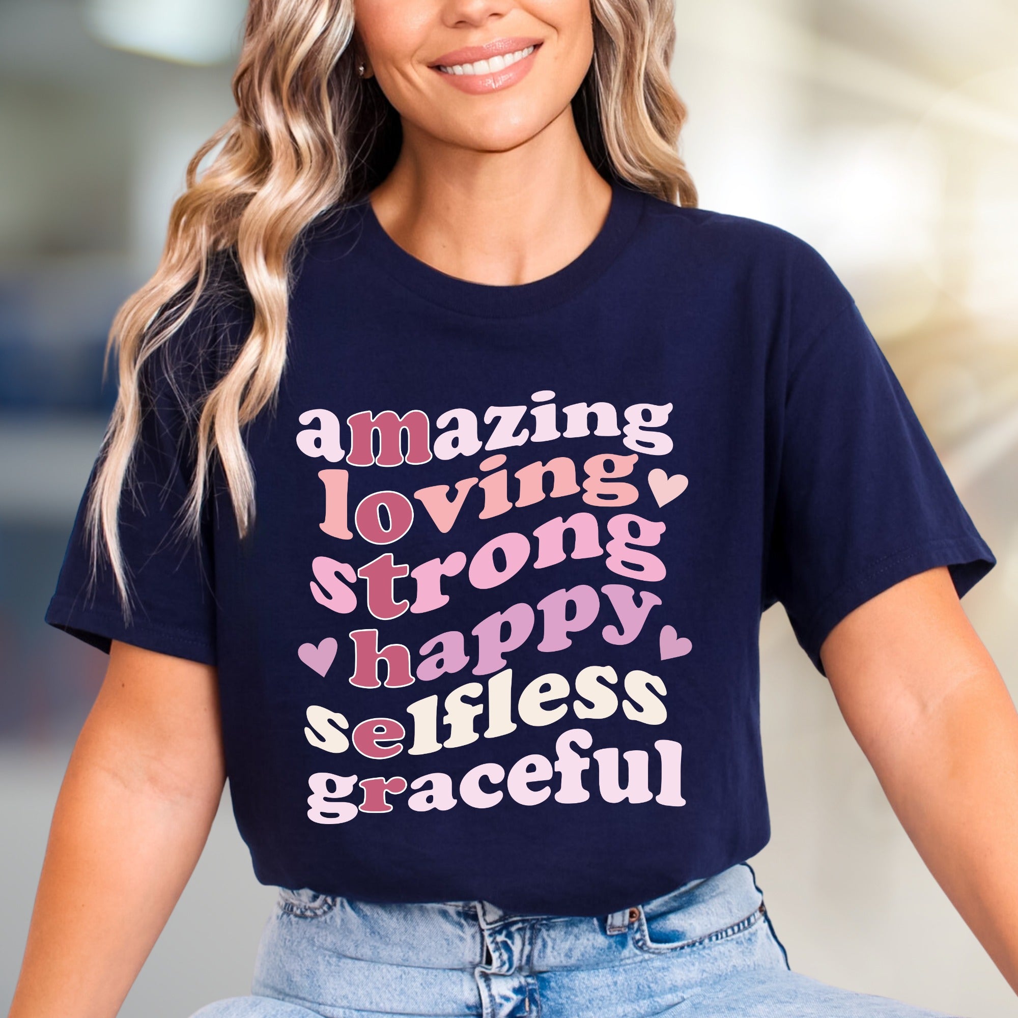 "Amazing Loving Strong Happy Selfless Graceful" Empowering Groovy Graphic Tee, a Self-Love Pick for Her