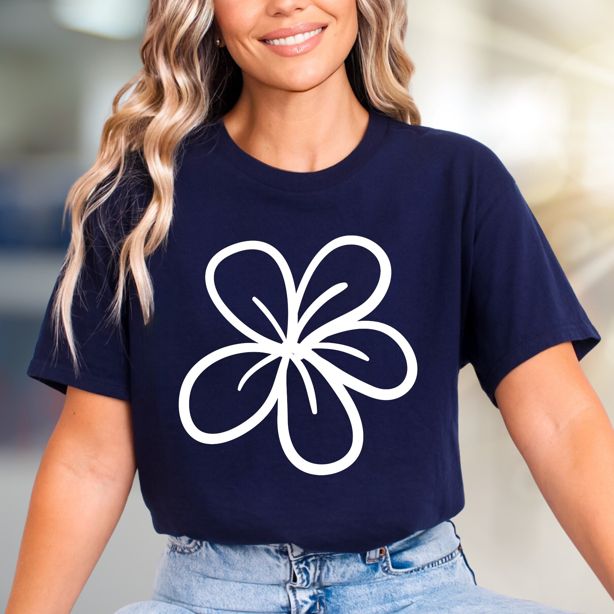 Simplistic Blossom Outline Graphic Tee, A Minimalist Floral Pick for Nature Lovers