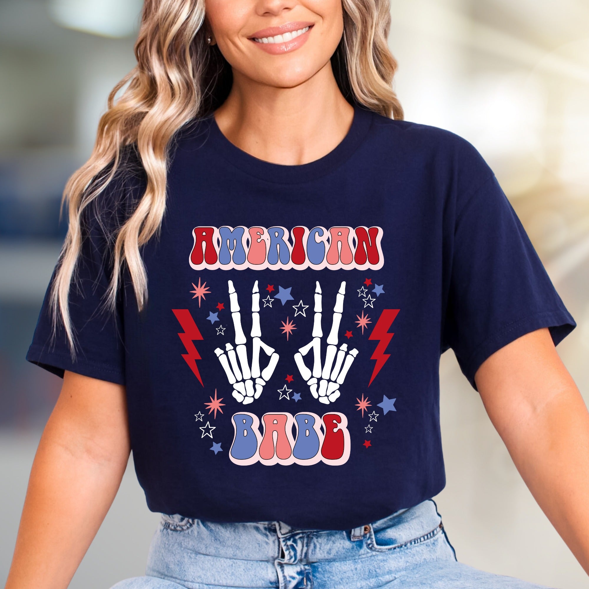 "AMERICAN BABE" Retro Patriotic Skeleton Tee, a Groovy Pick for Free Spirits