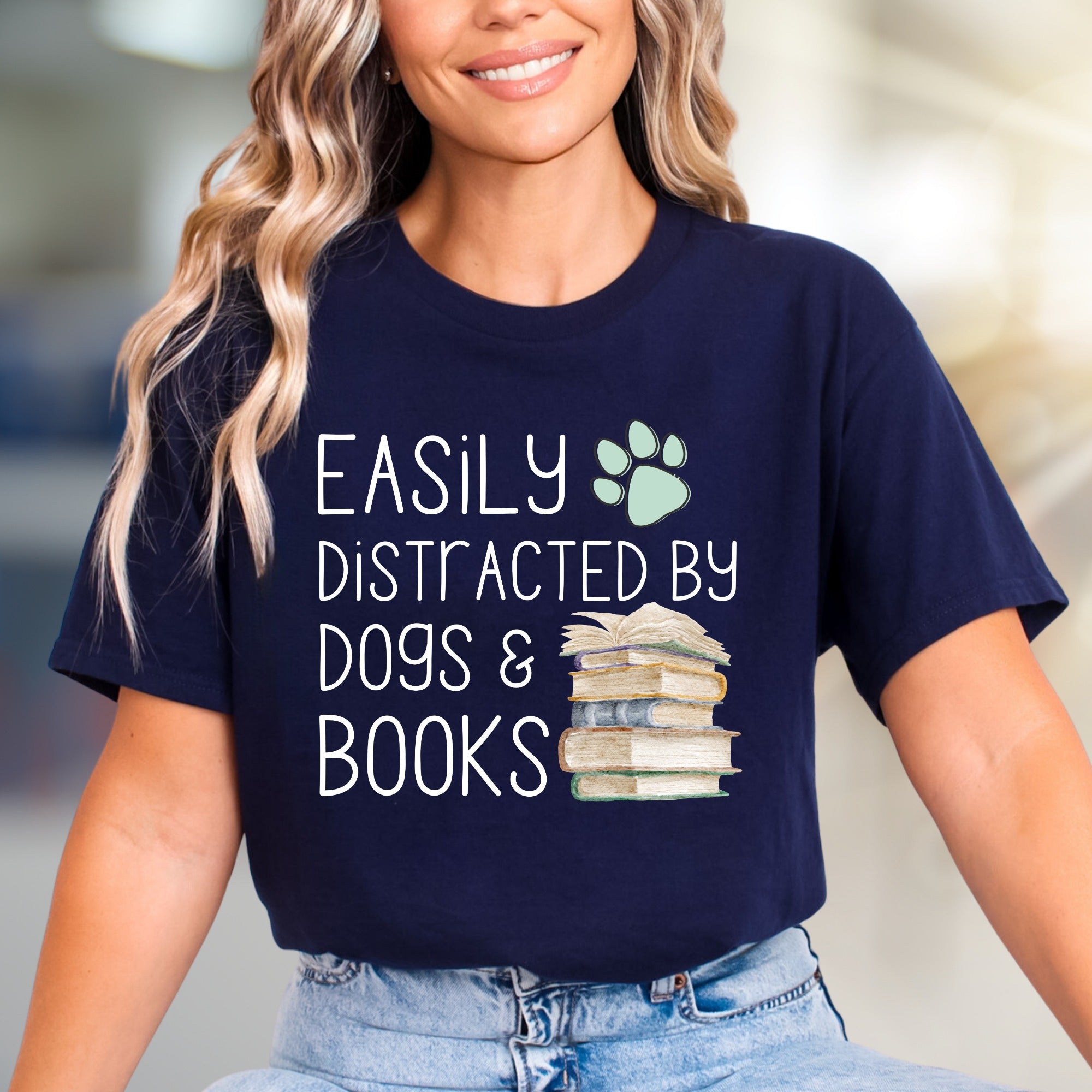 "Easily Distracted by Dogs & Books" Cozy Graphic Tee, a Pet Lover's Pick for Readers