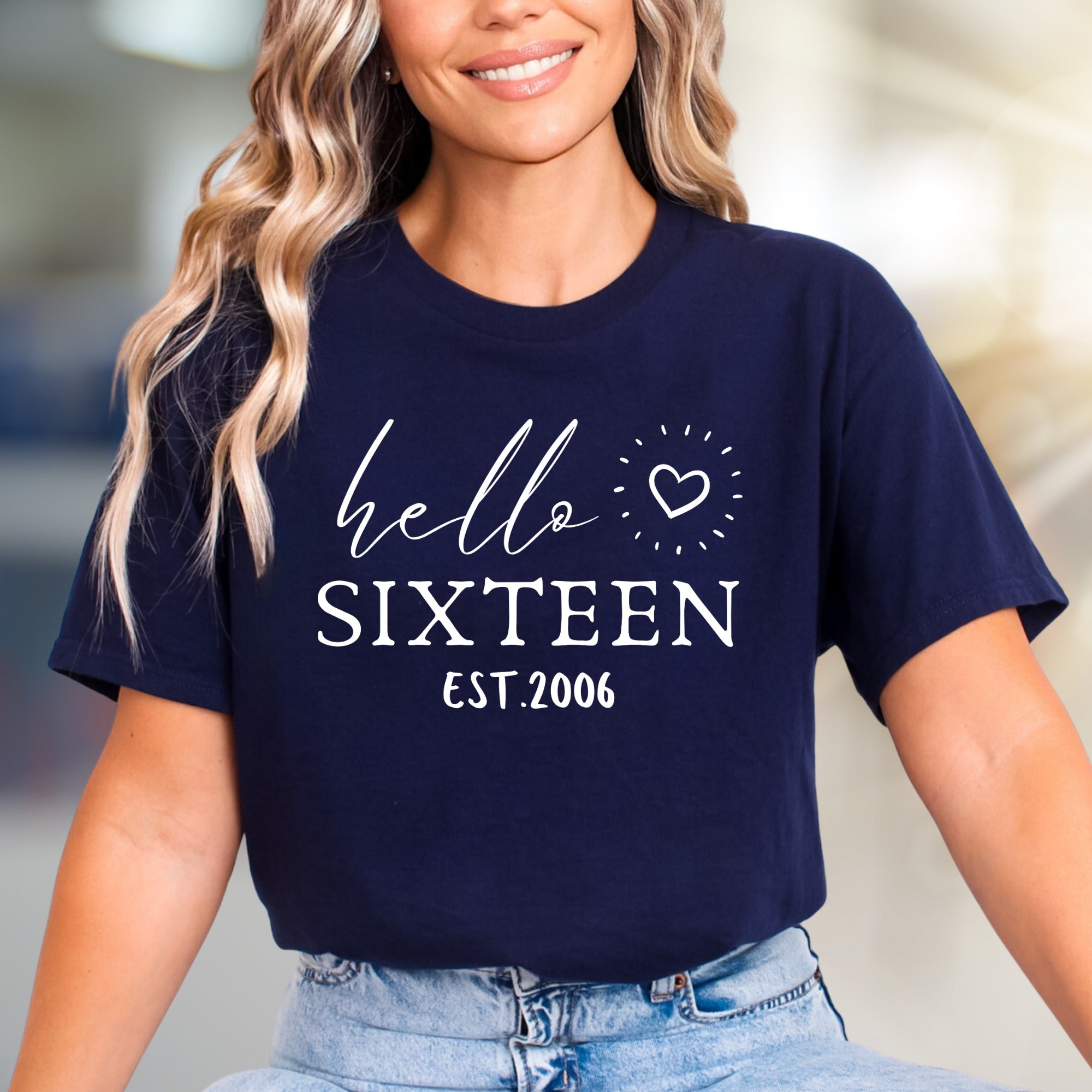 "hello SIXTEEN EST.2006" Sweetheart Birthday Graphic Tee, a Celebration Gift for Teens