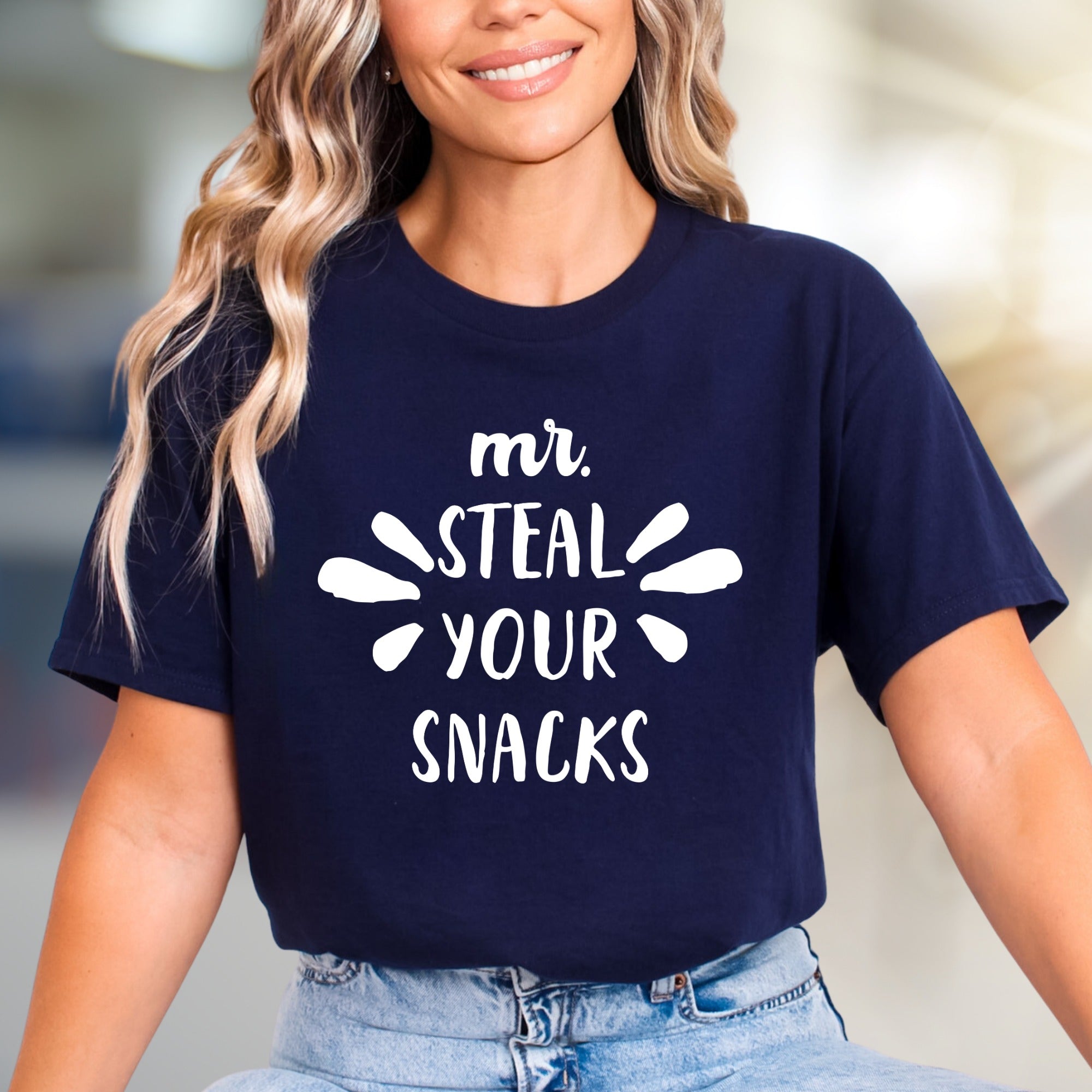 "Mr. Steal Your Snacks" Funny Graphic Tee, a Playful Pick for Snack Lovers