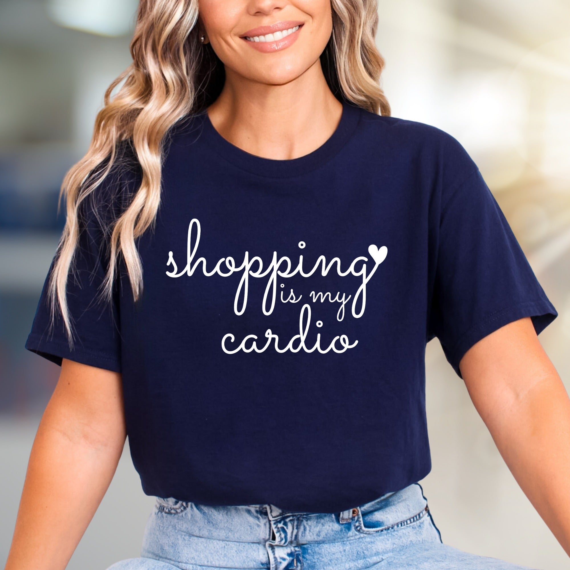 "Shopping is My Cardio" Script Graphic Tee, a Humorous Pick for Fashionistas