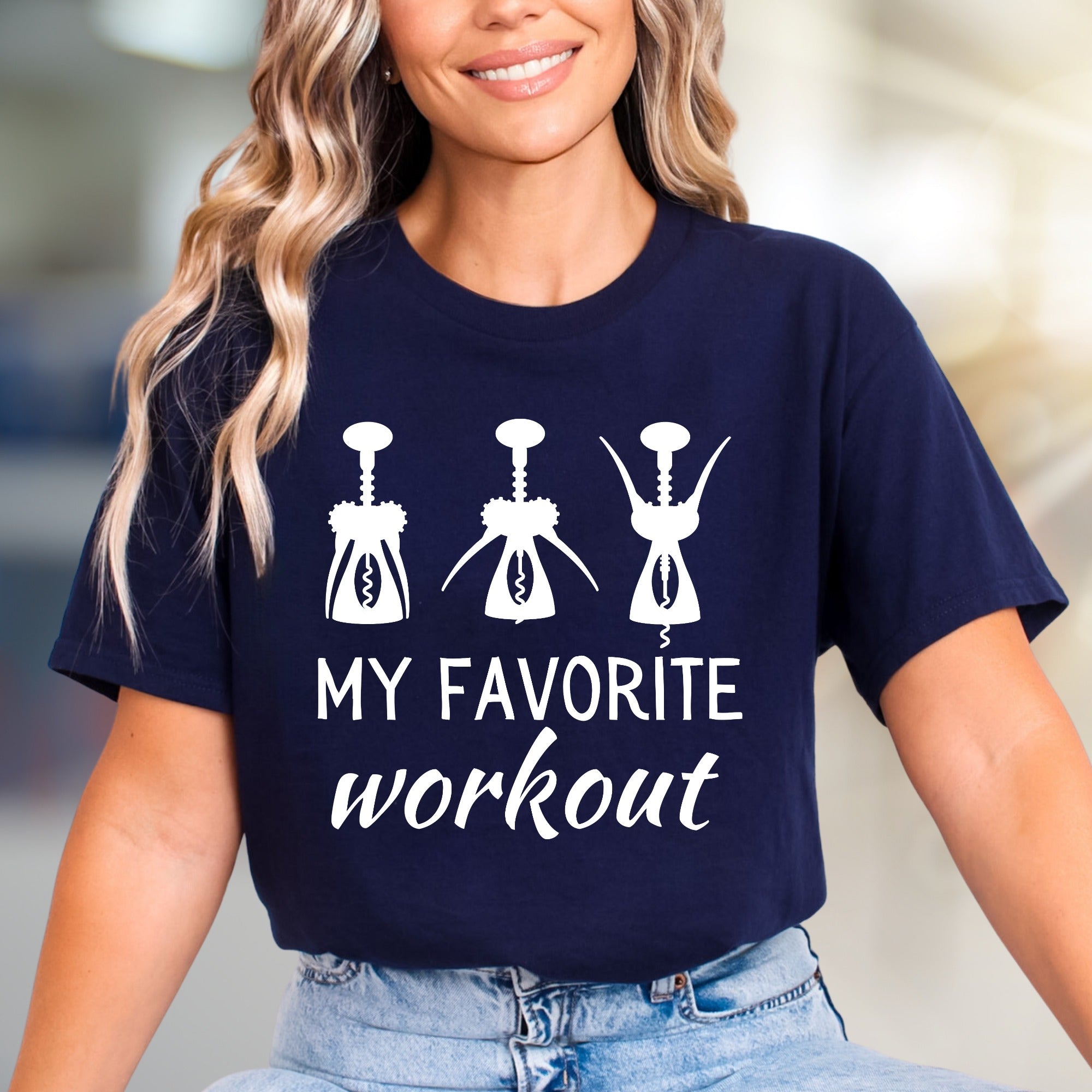 "My Favorite Workout" Wine Corkscrew Graphic Tee, a Witty Pick for Wine Lovers