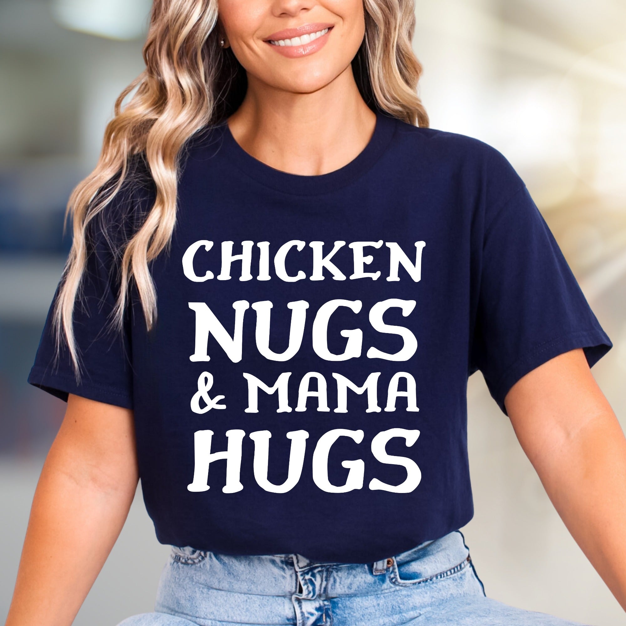 "Chicken Nugs & Mama Hugs" Whimsical Mom Life Graphic Tee, a Comfort-First Choice for Everyday