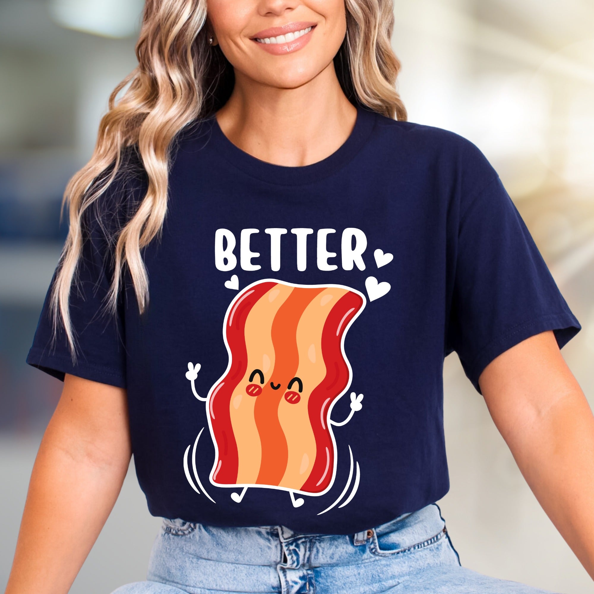 "BETTER" Cute Bacon Jumping Graphic Tee, a Fun Foodie Pick for Couples