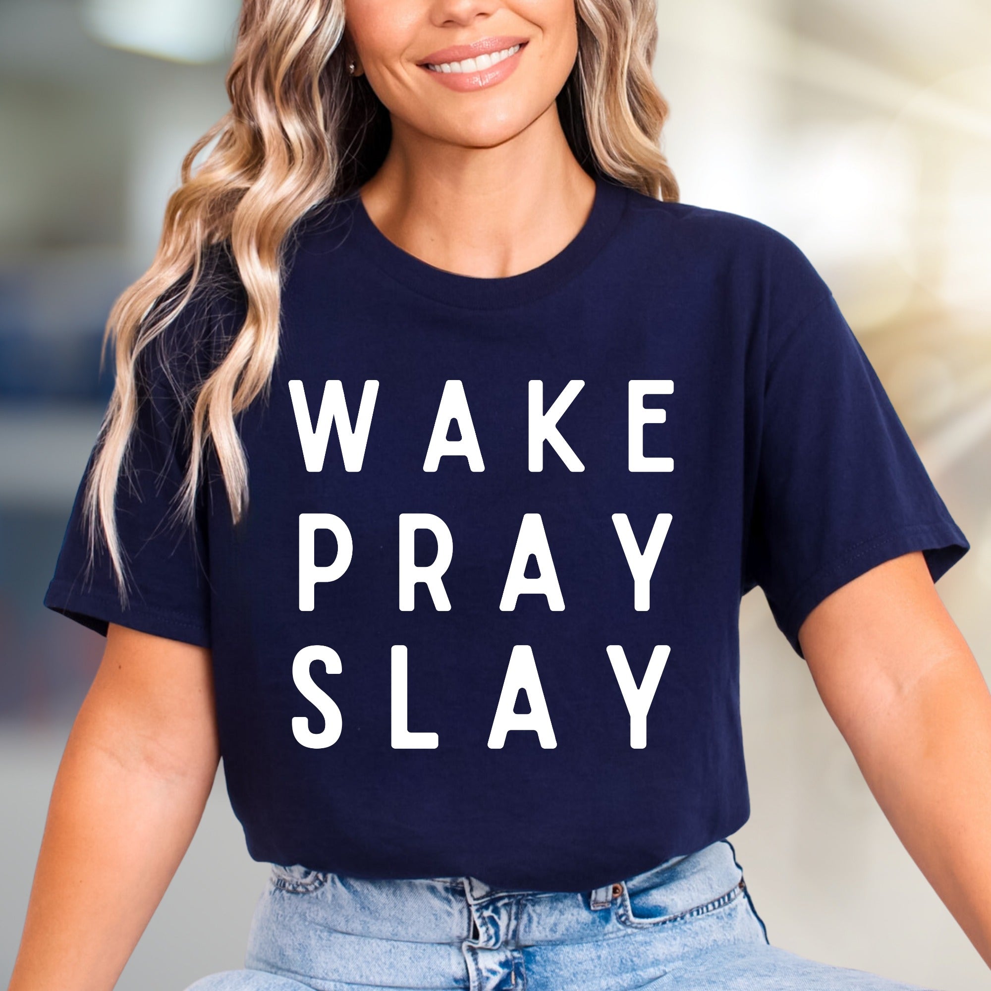 "WAKE PRAY SLAY" Motivational Graphic Tee, an Empowering Pick for Go-Getters
