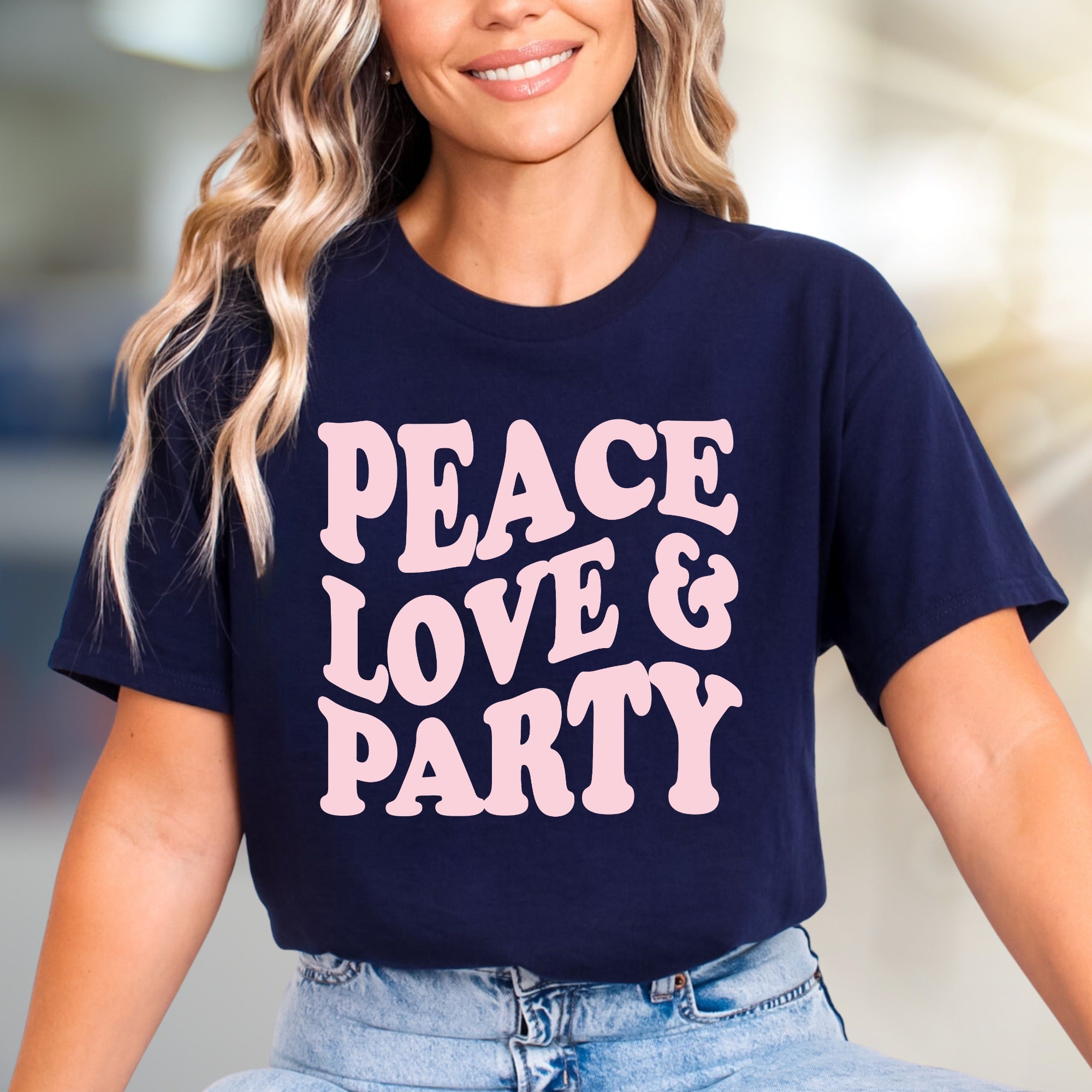 "Peace Love & Party" Groovy Graphic Tee, a Retro-Vibe Pick for Free Spirits