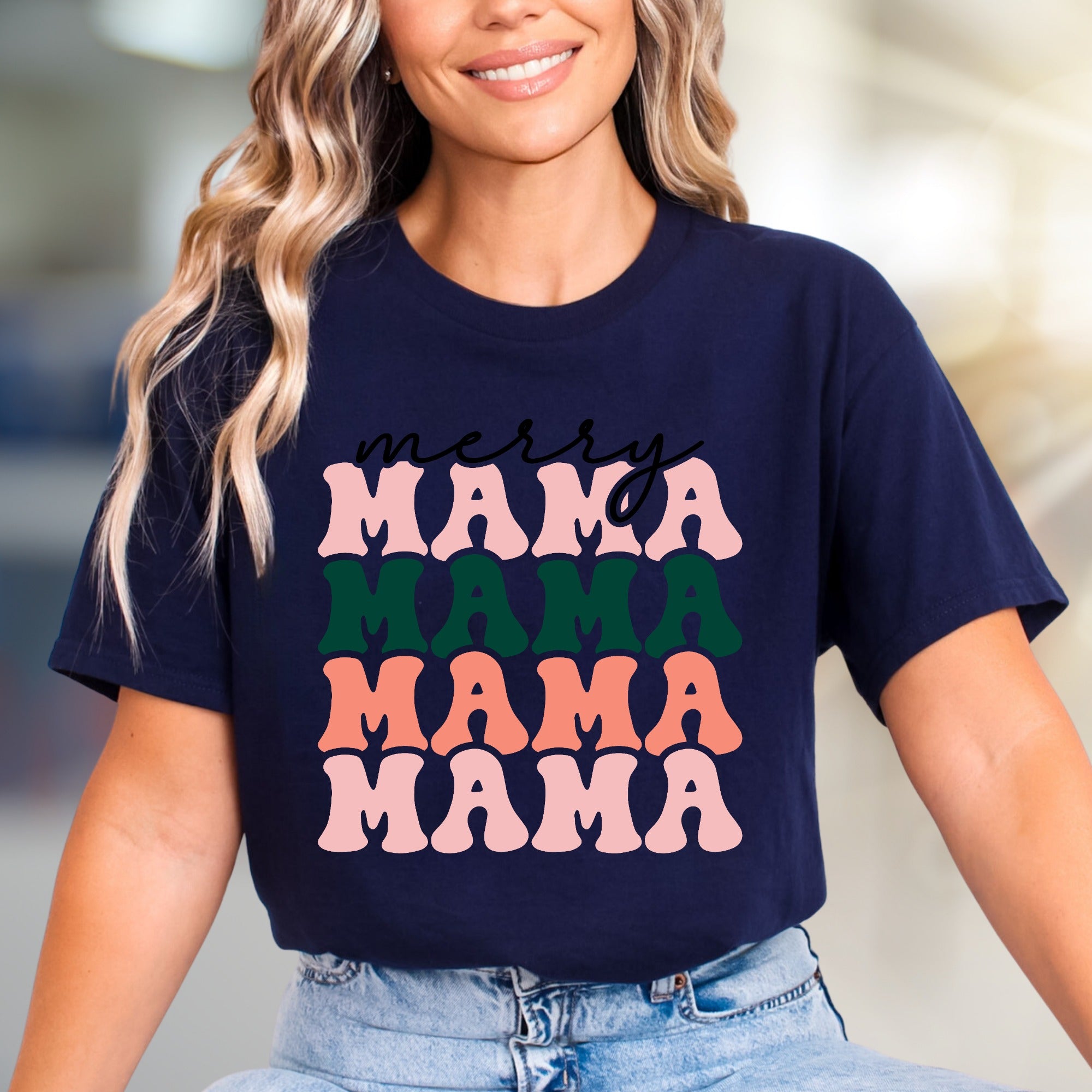 "Merry Mama Mama Mama" Retro Holiday Graphic Tee, a Festive Pick for Moms