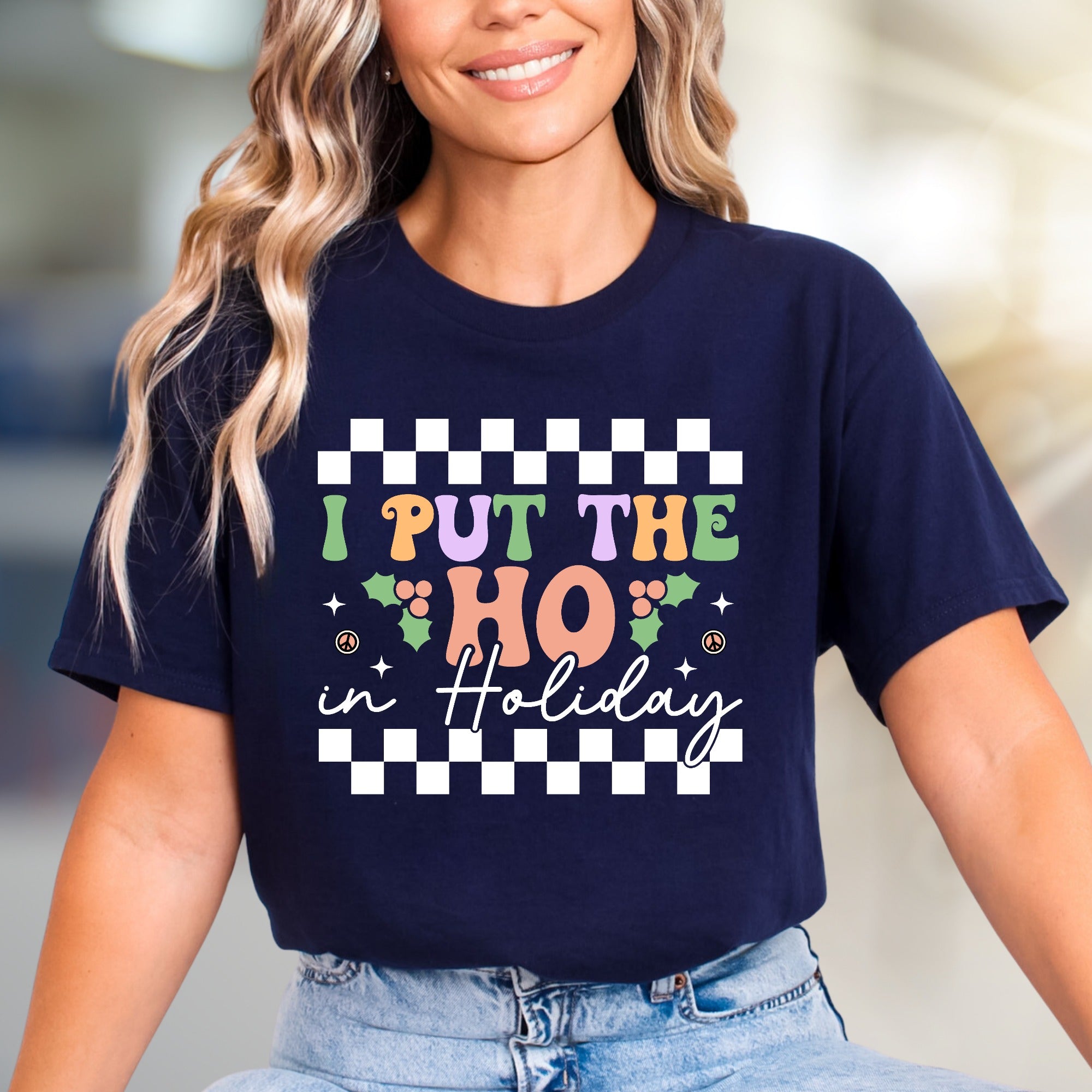 "I Put The HO In Holiday" Retro Checkered Graphic Tee, a Festive Niche for Holiday Enthusiasts