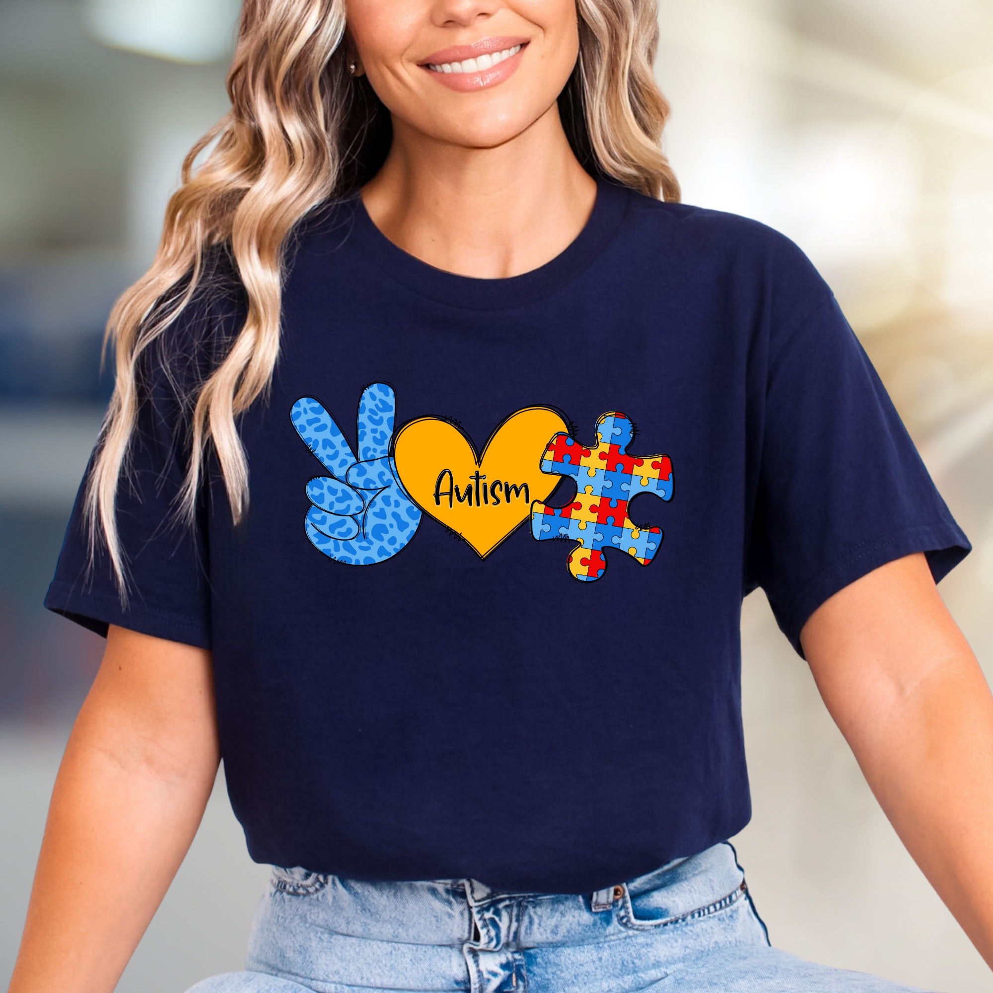 “Autism” Peace, Love & Puzzle Graphic Tee, a Supportive Awareness Pick for Advocates